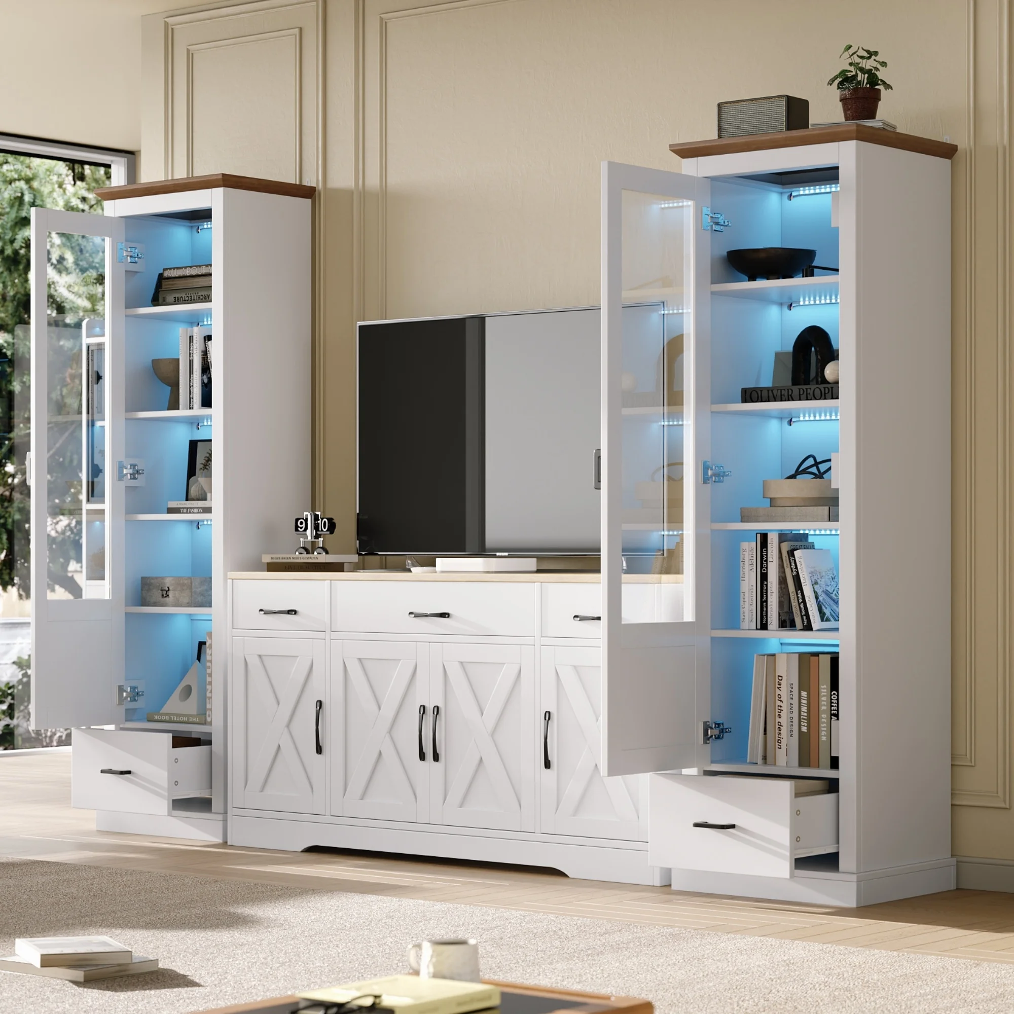 178cm Vitrine Weiß Matt mit USB-Anschluss, LED-Beleuchtung,16 Farben Fernbedienung, Glasvitrine Hochschrank mit Schublade, MDF