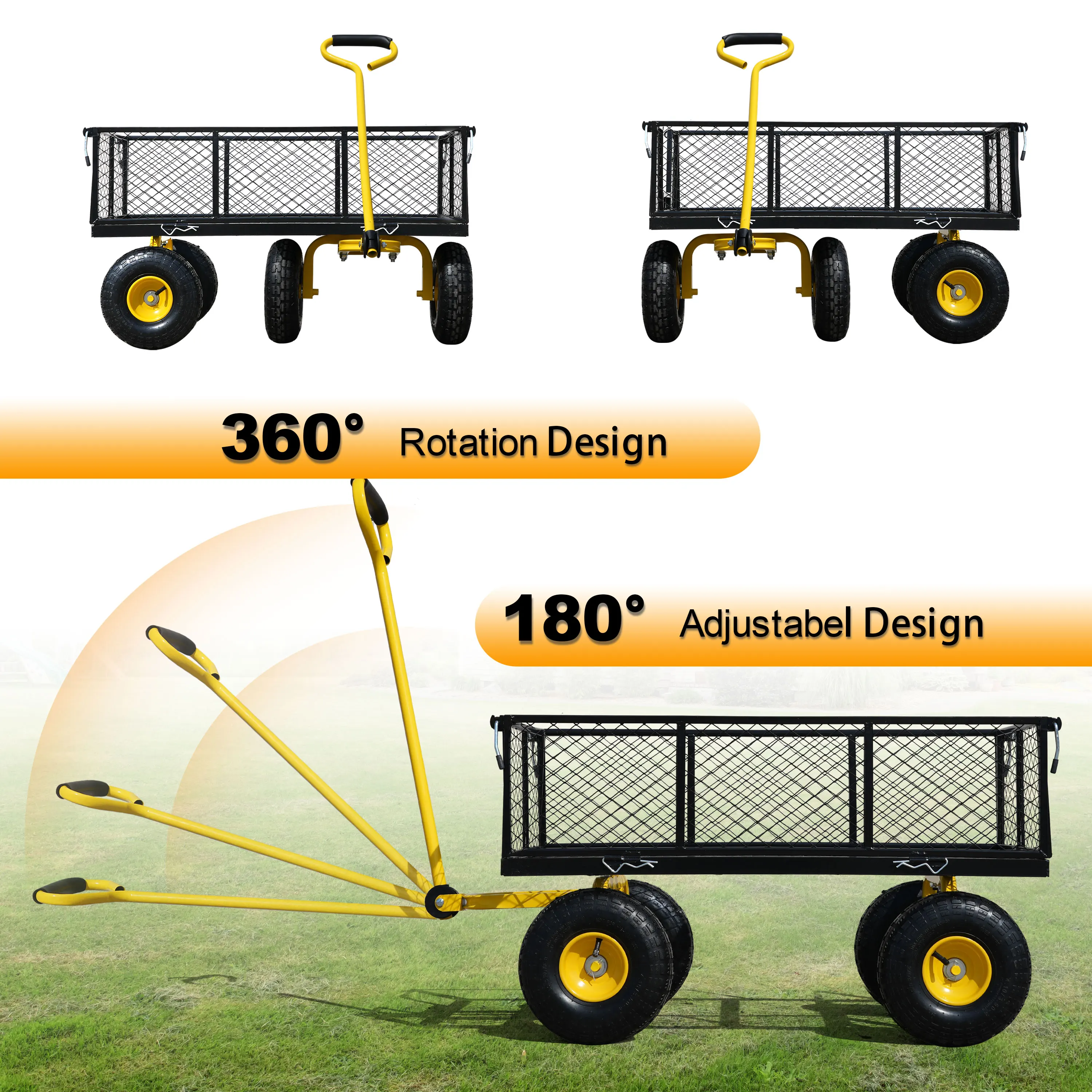 500파운드 용량의 강철 정원 카트, 탈부착 가능한 강철 메쉬 측면, 평판형으로 변환 가능, 180도 회전 핸들