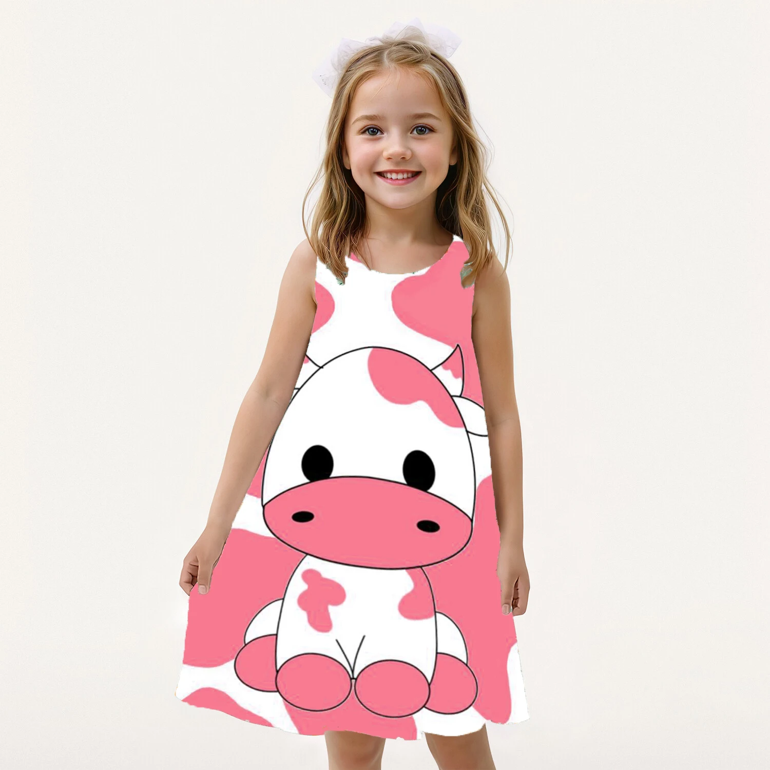 Summer Cute Girl Milk Cow Print Dress Sleeveless Round Neck Fun Princess Dress Fashionable Casual Loose Comfortable Dress