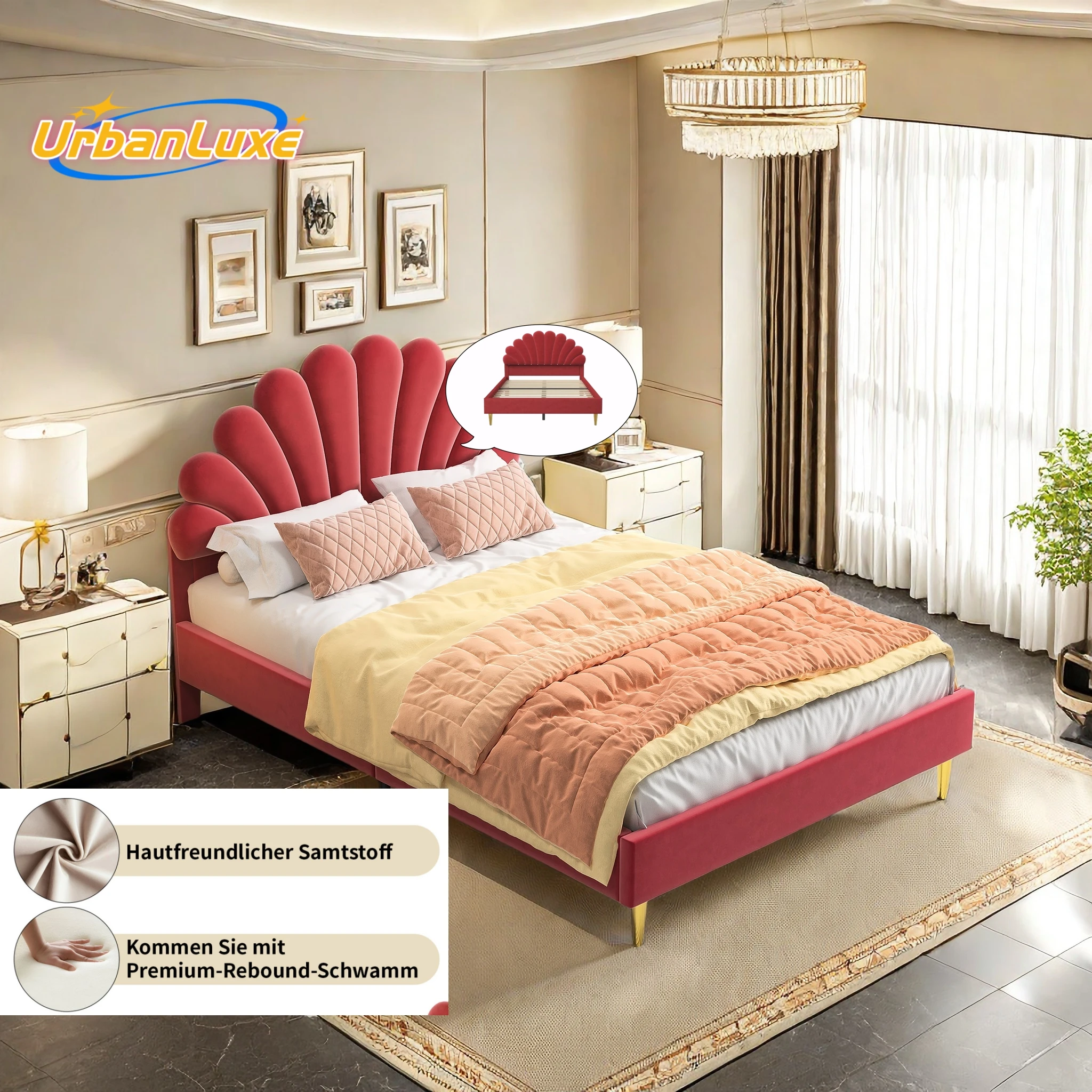 UrbanLuxe Cama Urban Luxe 140x200 cm, cama doble de flores, cama tapizada con cabecero, láminas, rojo burdeos sin colchón