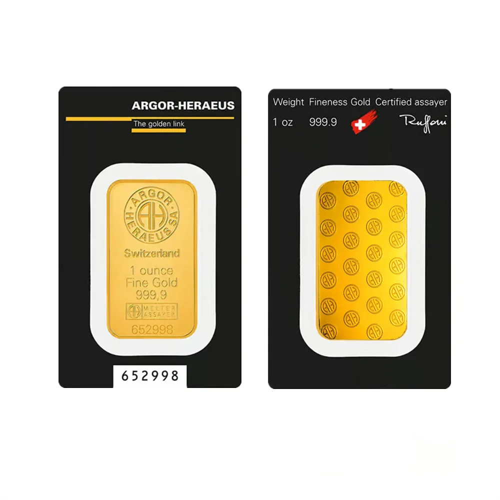 NONE 24 Karat vergoldet, 1 oz Schweizer Argor Heraeus Goldbarren, Goldmünzenbarren, Acryl-Siegelverpackung, unabhängige Seriennummer, kein Magnet 3