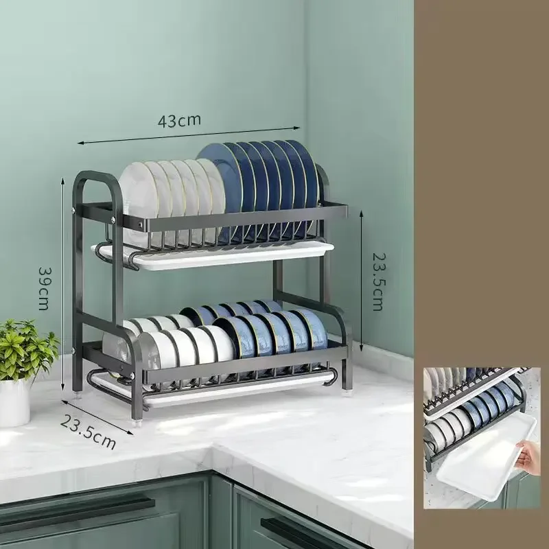 Rak Pengering Piring 2 Tingkat Rak Piring Dapur Kompak Set Drainboard Pengering Piring Besar Tahan Karat dengan Tempat Perkakas Rak Dapur