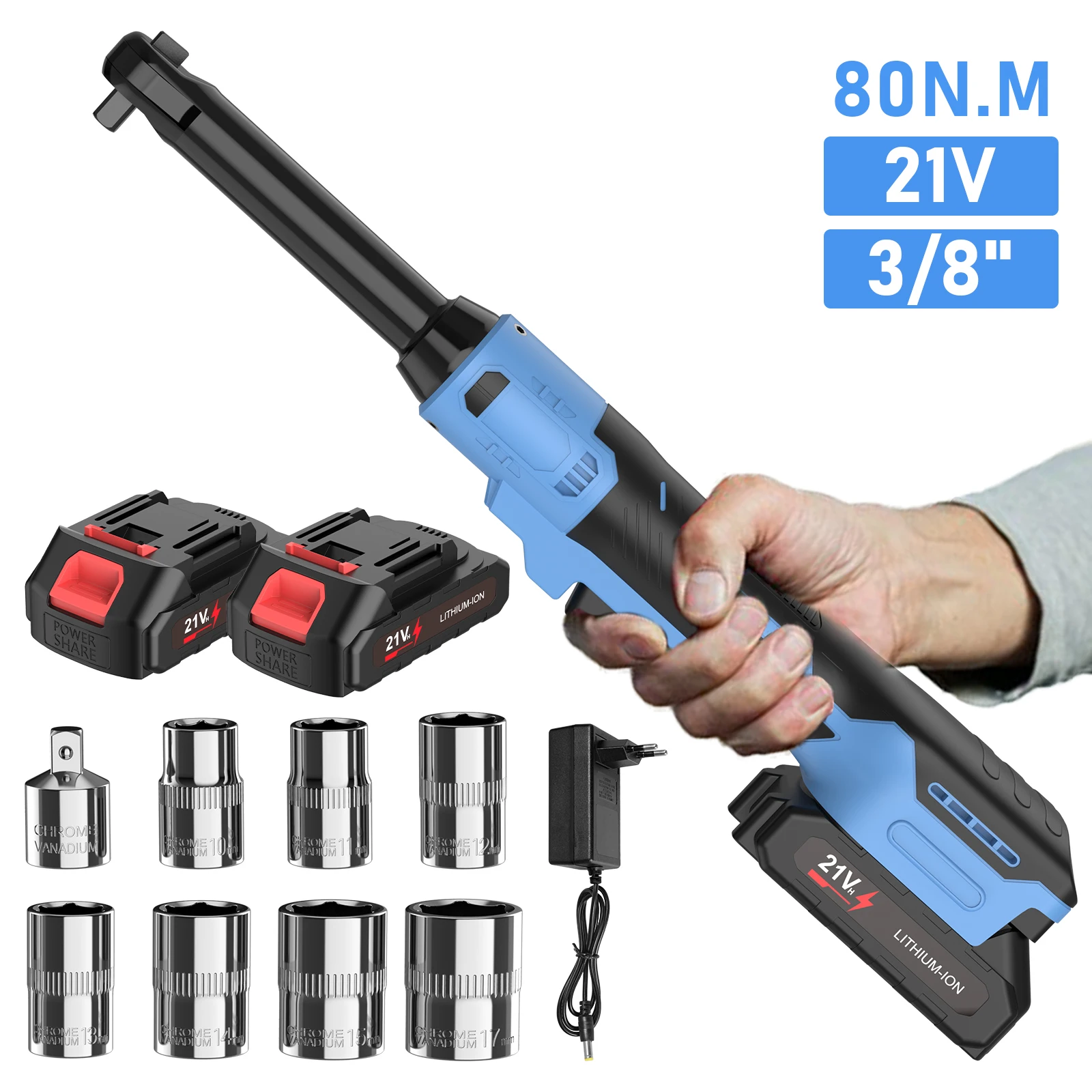 Clé à cliquet électrique sans fil 21V 80Nm 3/8 pouce rechargeable avec rallonge de 6,3 pouces pour réparation automobile