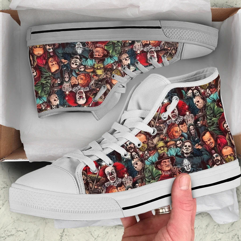 INSTANTARTS-Zapatillas de lona con personajes de terror para hombre, calzado informal con cordones, vulcanizados, temática de Halloween