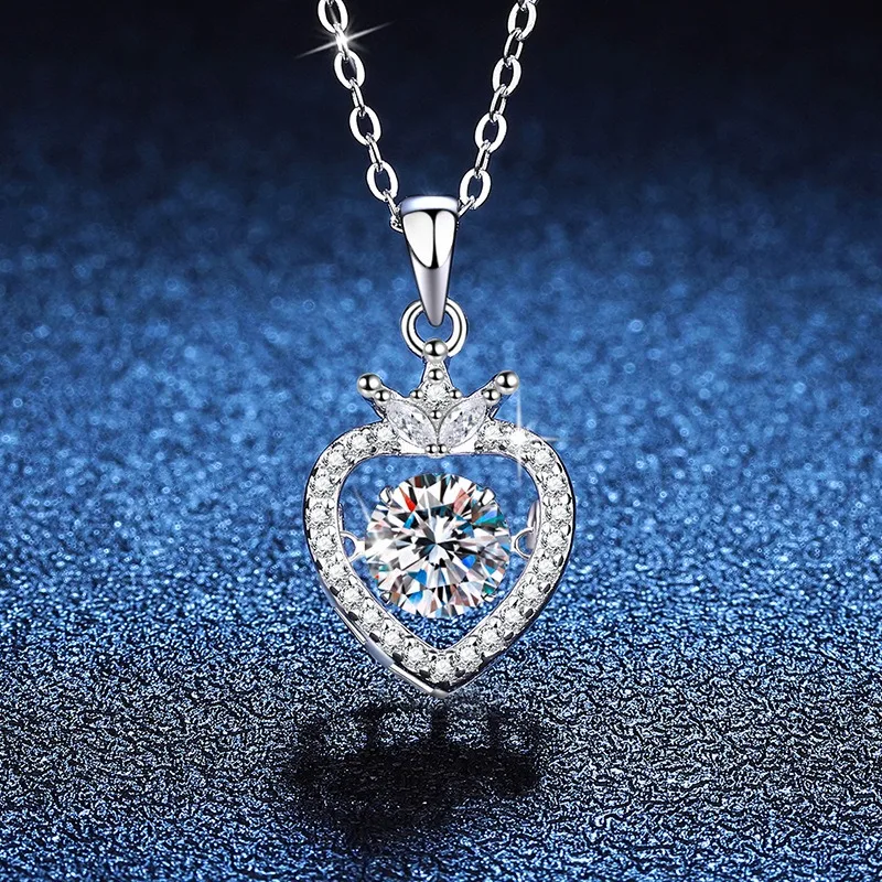 

925 Sterling Silver Crown Heart Pendant Necklace 1CT Moissanite Elegant Dainty Chain Jewelry for Women