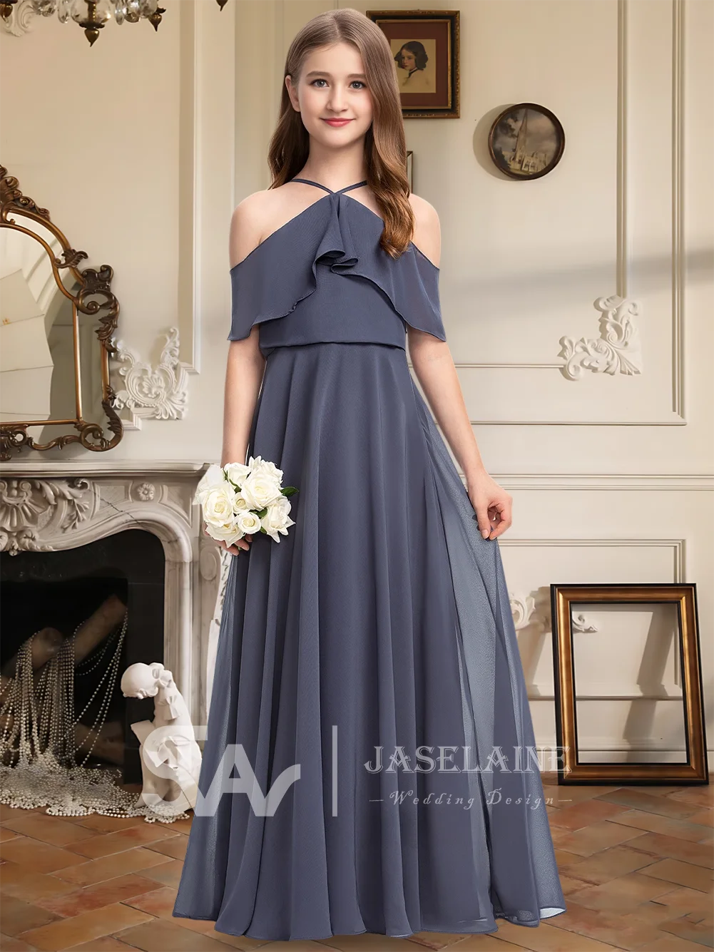 A Line Cold Shoulder Halter Junior Bridesmaid Dress Flower Girl Dress Floor Length Chiffon Cascading Ruffle Wedding Formal Dress