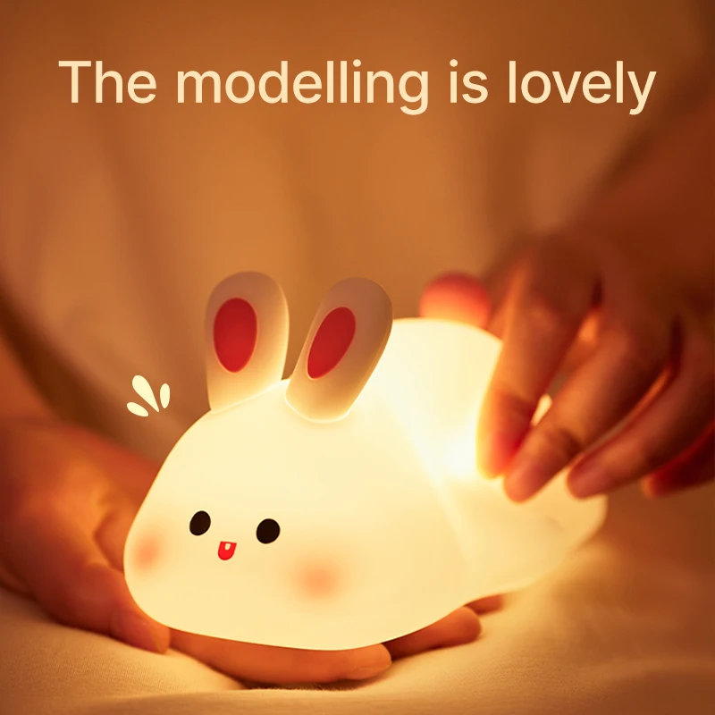 Rabbit Lamp Baby Night Light Big Face Rabbit Lights Cute Bunny Timing 7 Color Changes Bedroom Room for Children Gift Family