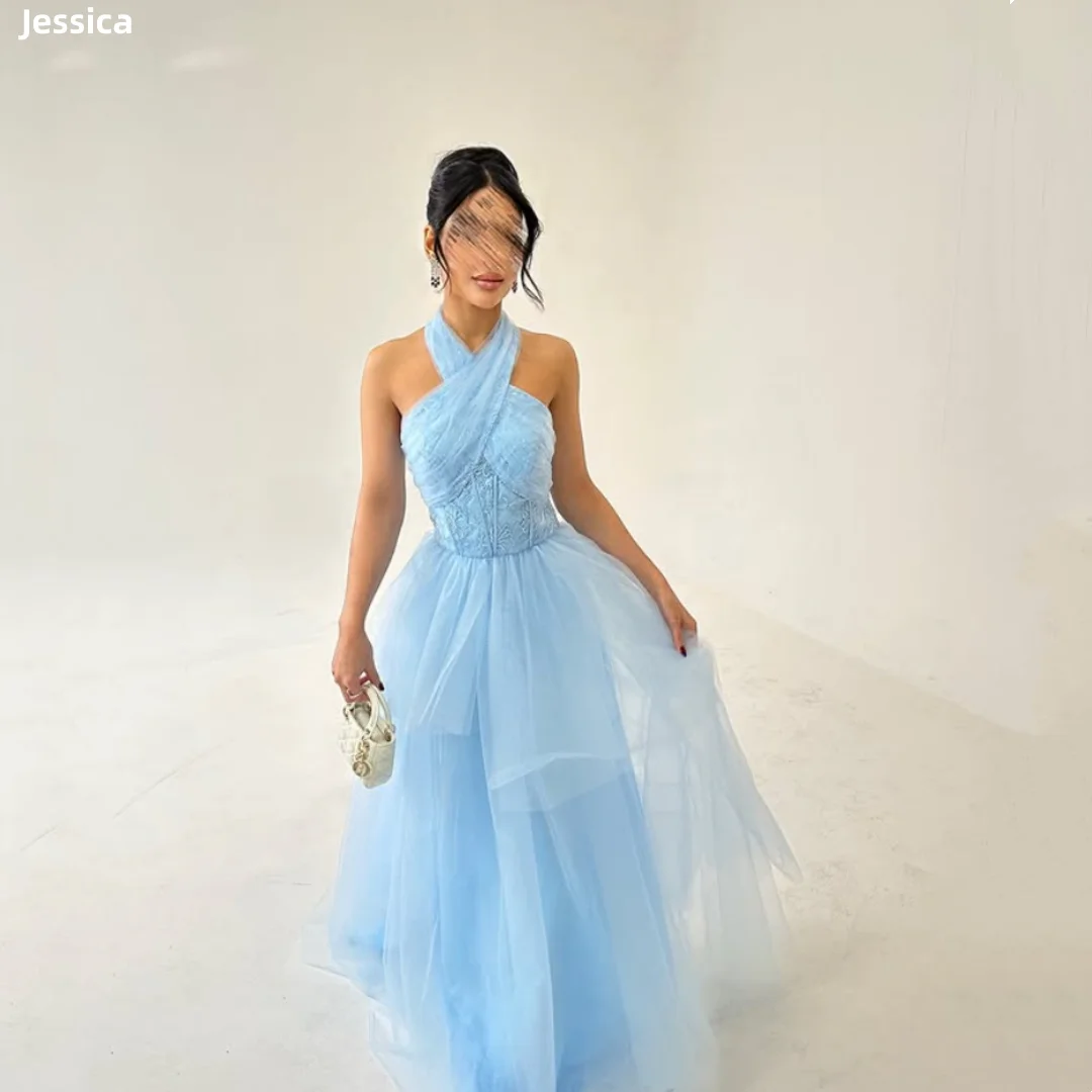 

Jessica Embroidered Halterneck Evening Dresses Sky Blue Tulle Prom Dresses Elegant Ladies On Formal Occasions Customized