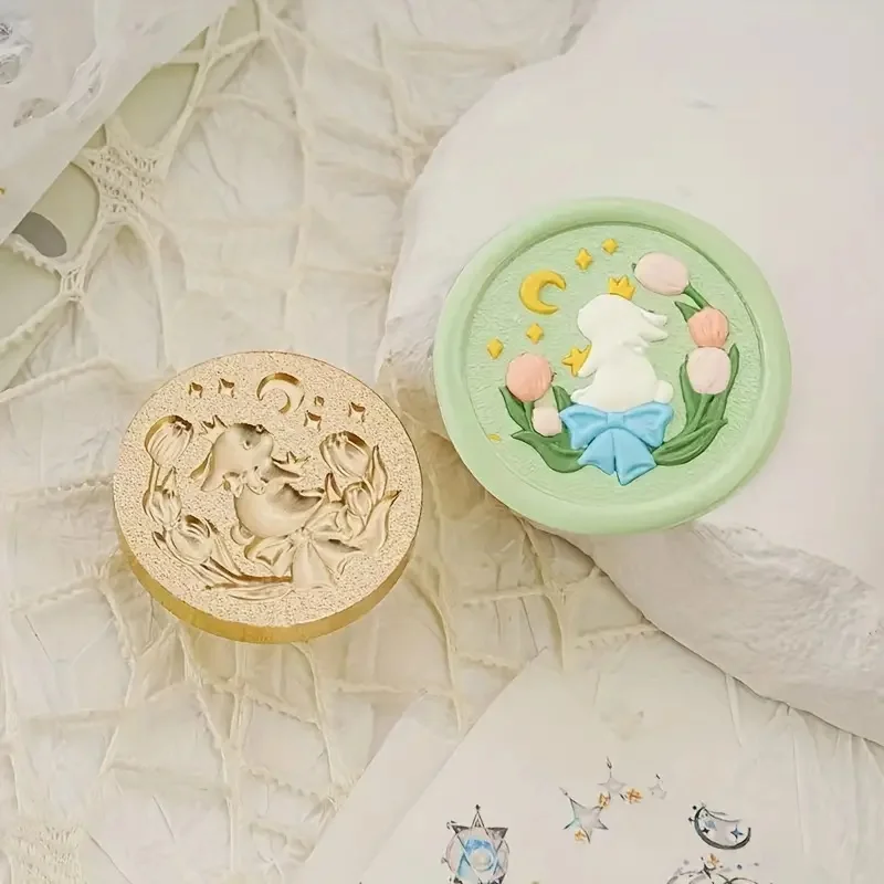 

Cute 3D Rabbit Tulip Moon Yellow Brass Seal Head Beautiful for DIY Homework Fire Wax Seal Decoration & Student Scrapbooking