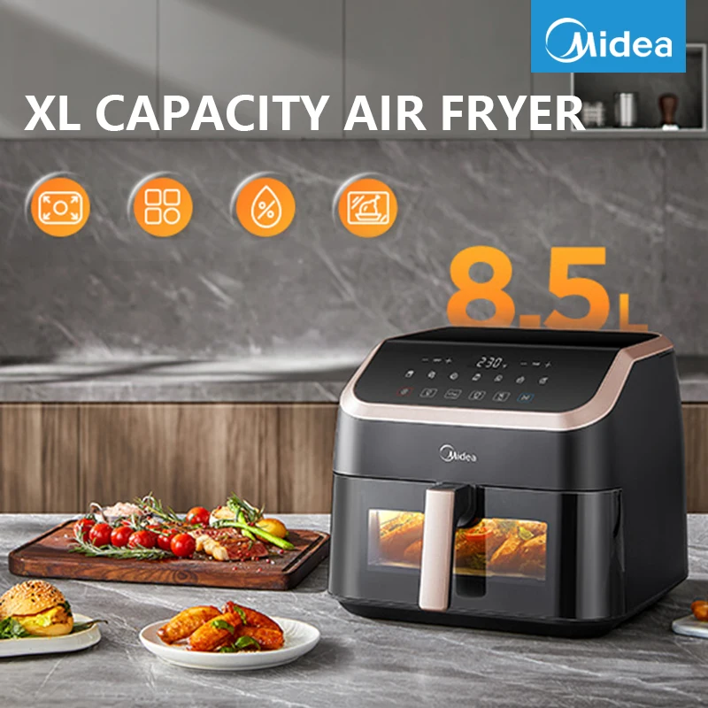 Friggitrice ad aria Midea, modello 9-in-1, con grande capacità, schermo digitale a sfioramento, finestra trasparente per controllare il cibo durante l