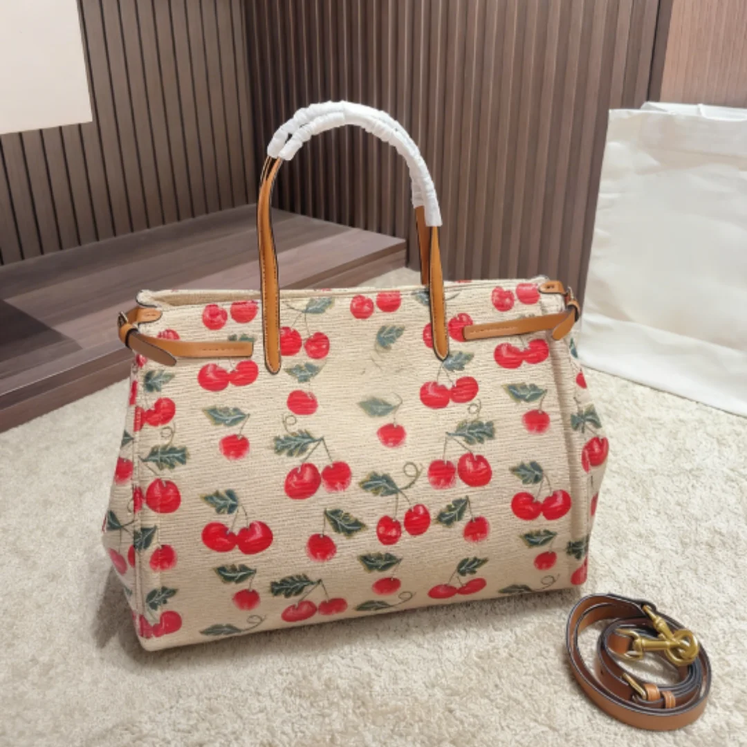 

New Women's Tote Bag Cherry Series Textured Fashion Portable High Quality 2025 Female Bag 35*24