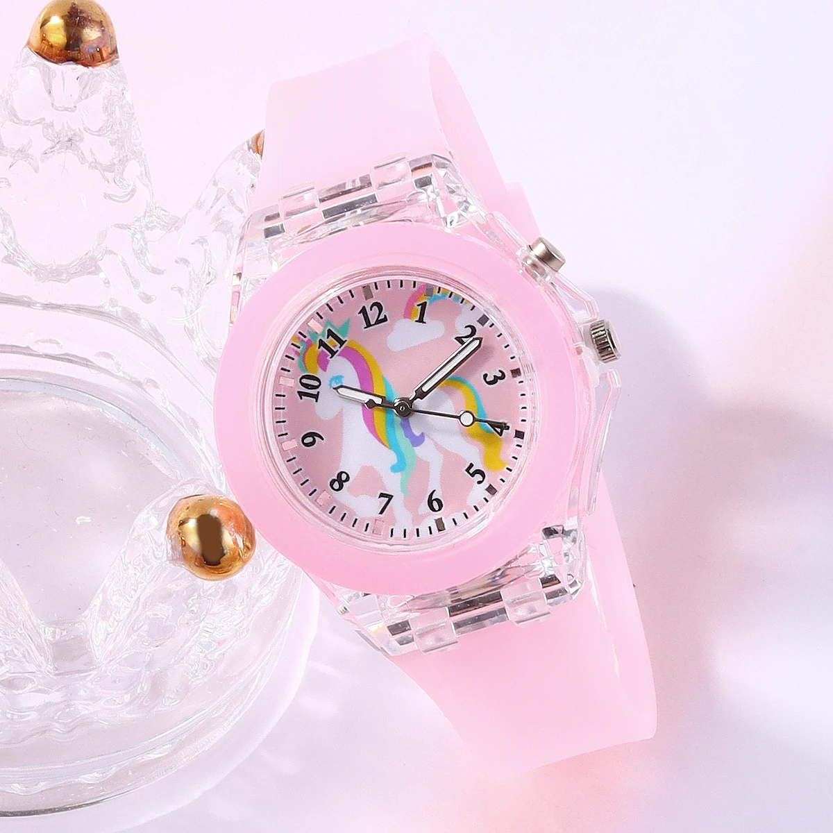2-Piece Set, Silicone Strap Unicorn Quartz Watch with Beaded Bracelet Set, Casual and Cute, Round Dial, Luminous, Versatile for Everyday Wear.