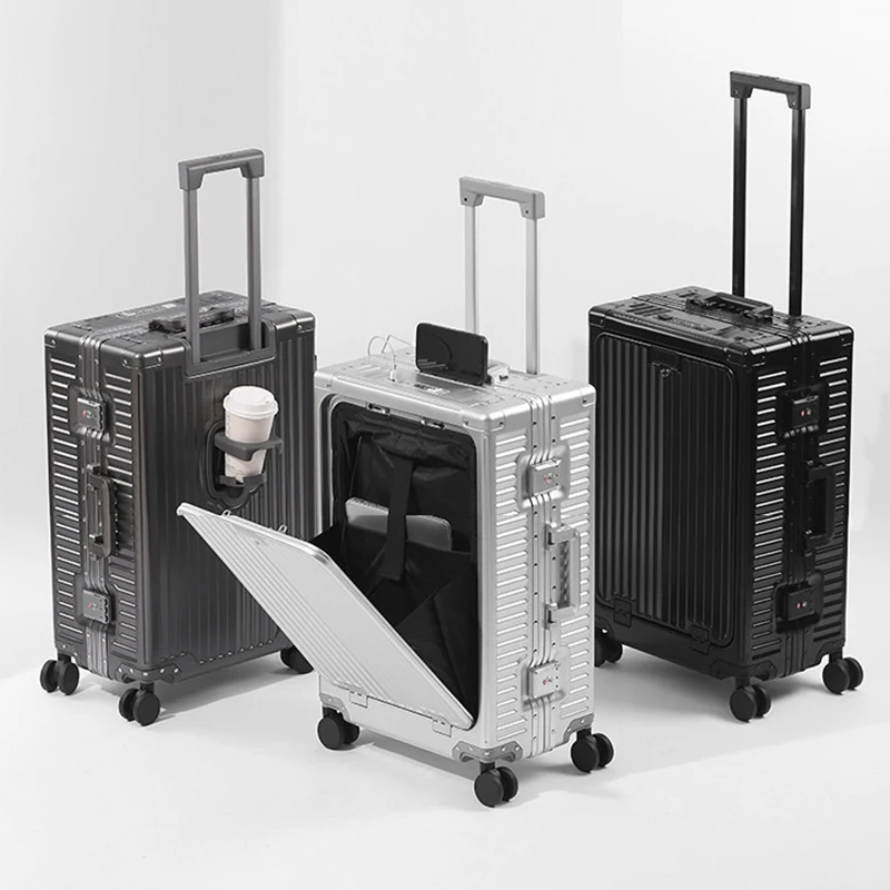 

Front Open Lid Luggage Full Aluminum Magnesium Alloy Multifunctional with Cup Holder 20 Inch Boarding Case TSA Customs Lock USB