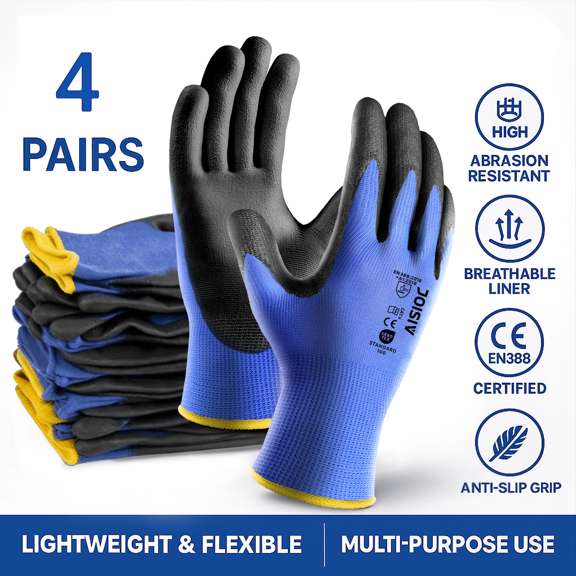 

4 пары бесшовных мужских перчаток для рук с полиуретановым покрытием, прочные, нескользящие для строительства, склада и автомобилей