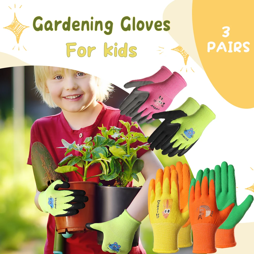 

3 пары детских садовых перчаток, детские рабочие перчатки с латексным покрытием для посадки, уборки, работы на открытом воздухе