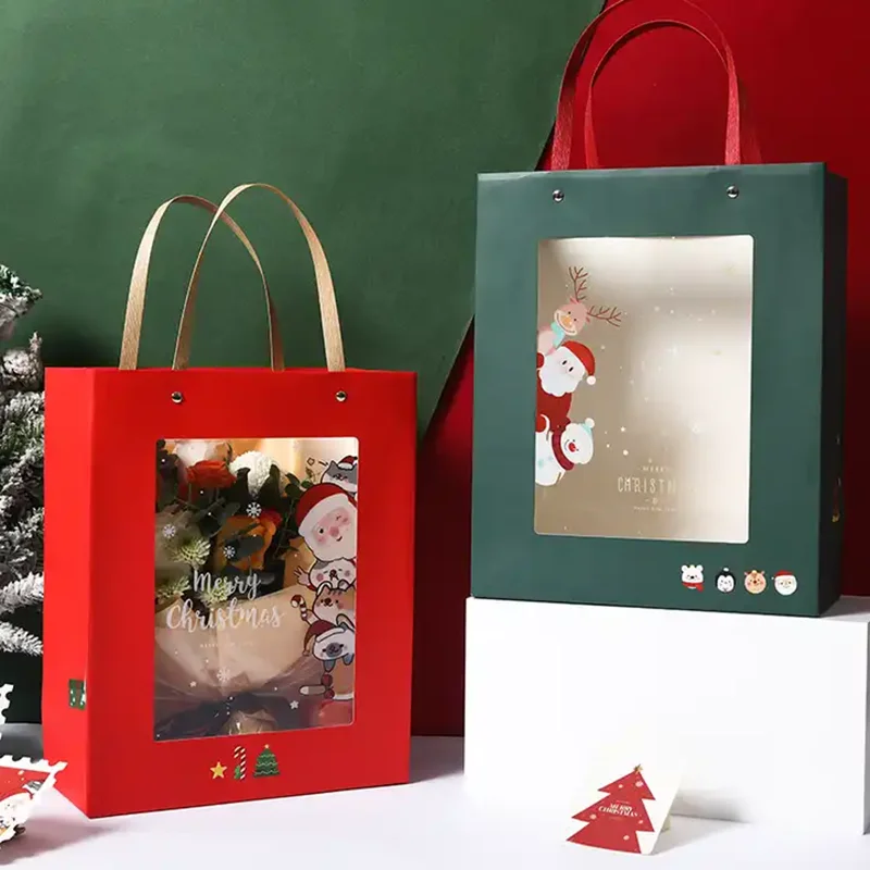 500pcs/Lot Wholesale Custom Christmas Gifts Paper Shopping Bags With Handle Clear PVC Window Wedding Sweets Jewelry Packaging