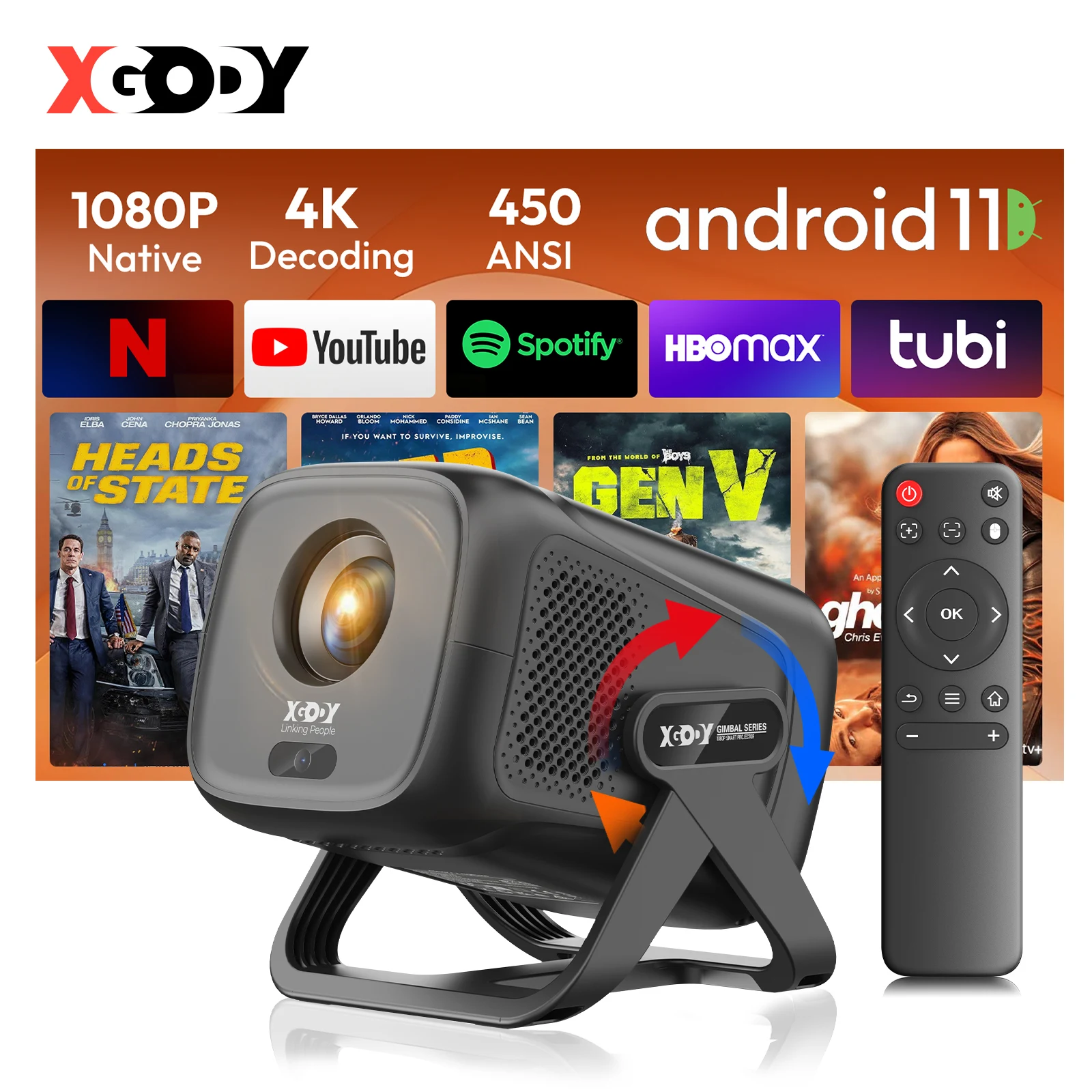 XGODY Mini-projector Autofocus 4K Native 1080P 450ANSI Android11 loudspeaker Air Mouse Voice Assistant Updated Home Theater