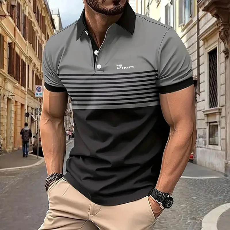 Summer Men's Stripe Print Polo Shirt Short Sleeve Turn-Down Collar Button Tshirts &for Men Casual Streetwear New Male Tops image 4