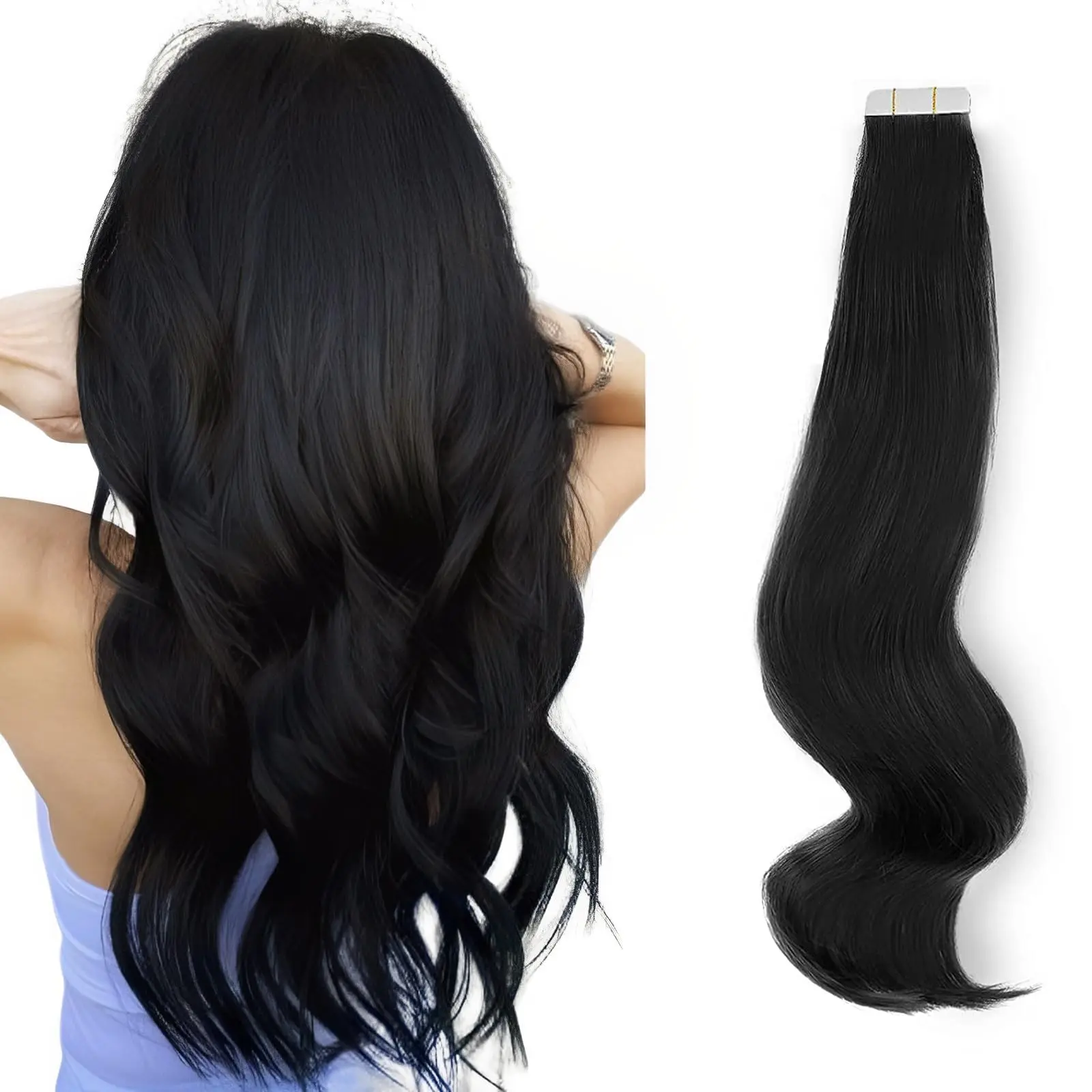 Extensions de Cheveux Humains Remy Lisses Noir de Jais avec Colle dans la Peau, #1