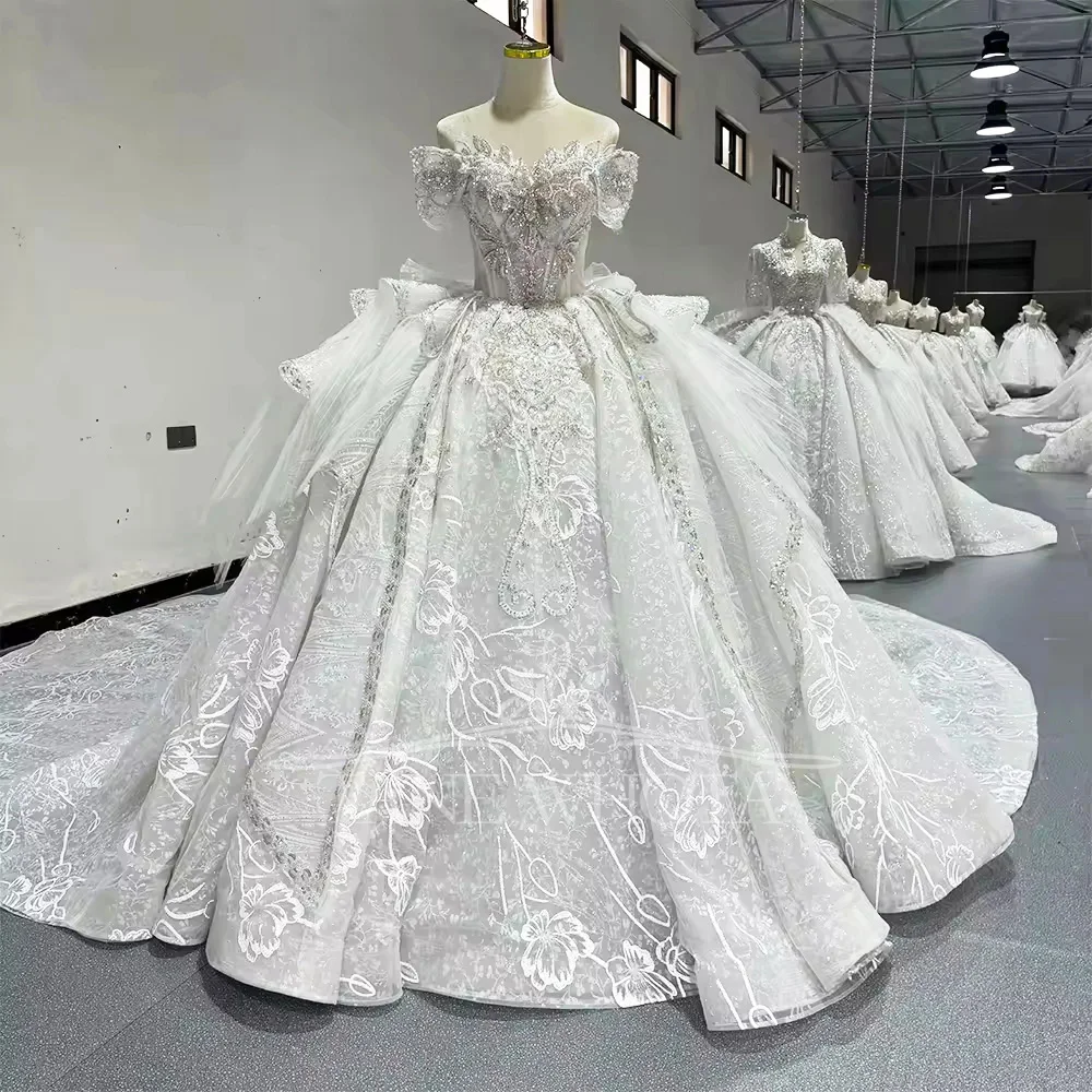 

Vestido De Novia Para Boda Милое бальное платье с открытыми плечами и бисером, кристаллами, кружевное длинное свадебное платье с бантом