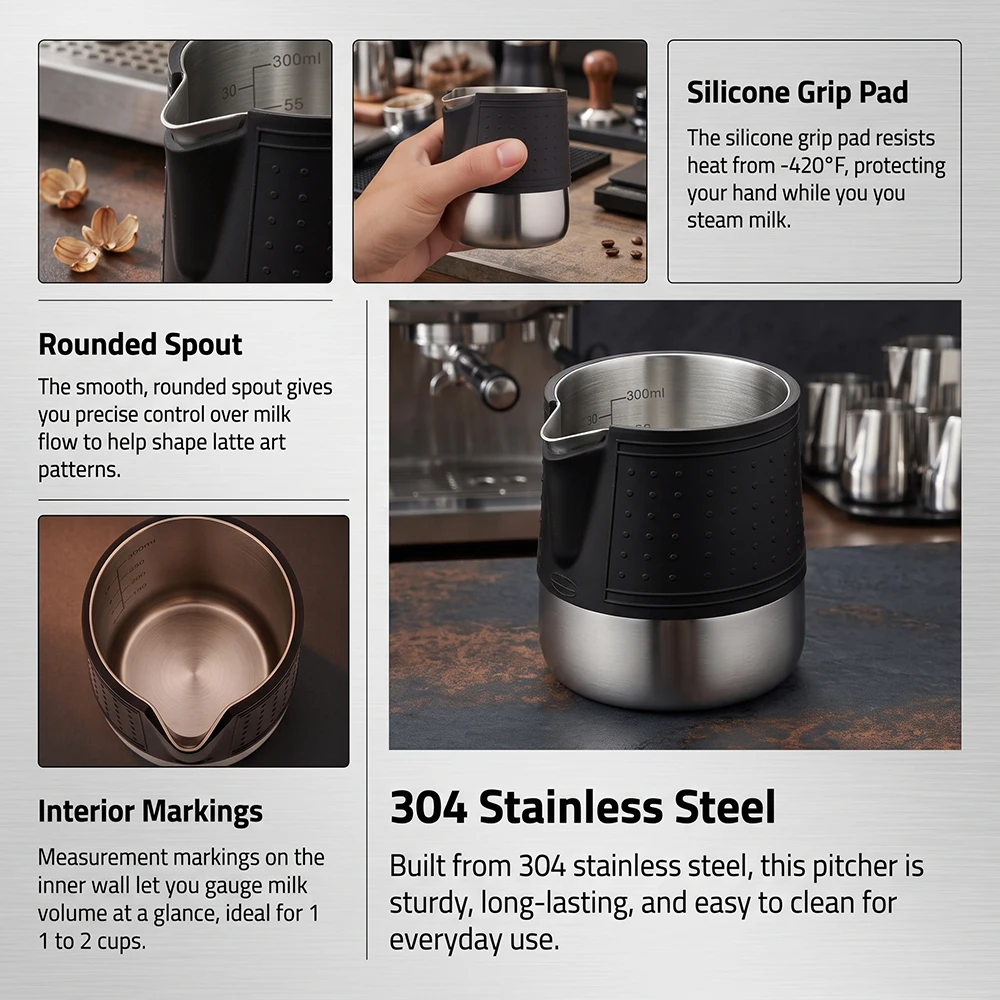 Leeseph Milk Frothing Pitcher Latte Cup,Frothing Cup with Anti-Scald Black Silicone Sleeve Cappuccino Milk Froth,Stainless Steel