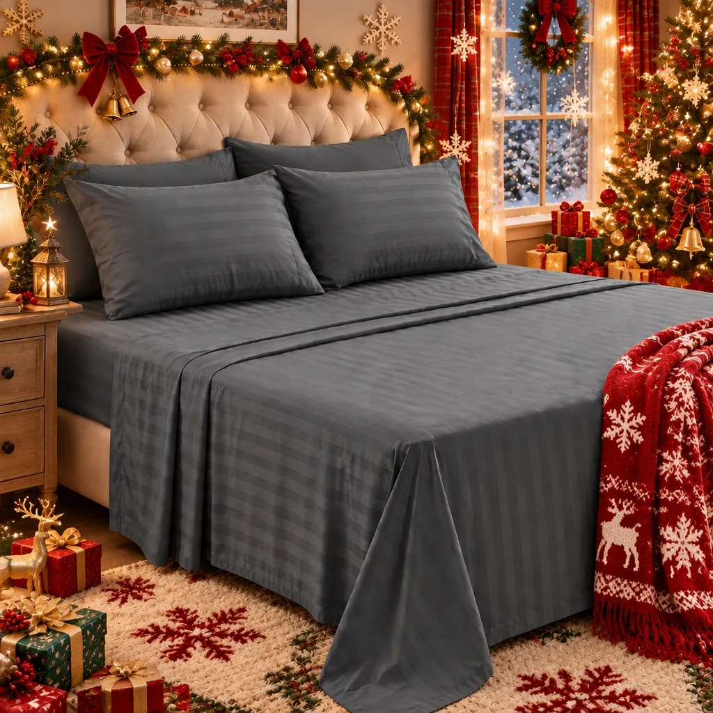 Striped 4-Piece Bedding Sheet Set, Twin Full Queen King Size, Deep Pocket Fitted Sheet with Flat Sheet & Pillowcases, Sleek Luxury Bed , Wrinkle Resistant for Christmas Bedroom Refresh