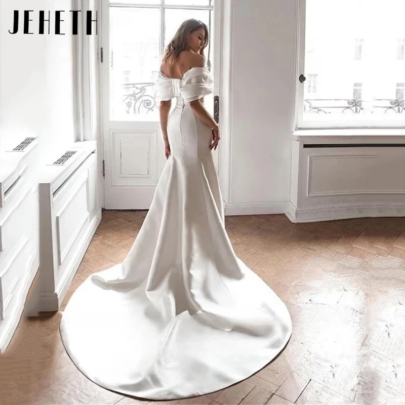 JEHETH Satin Bow Off Shoulder Wedding Dress Women Simple Mermaid Sweetheart Bridal Gown Strapless Pleat Backless Robes De Mariée