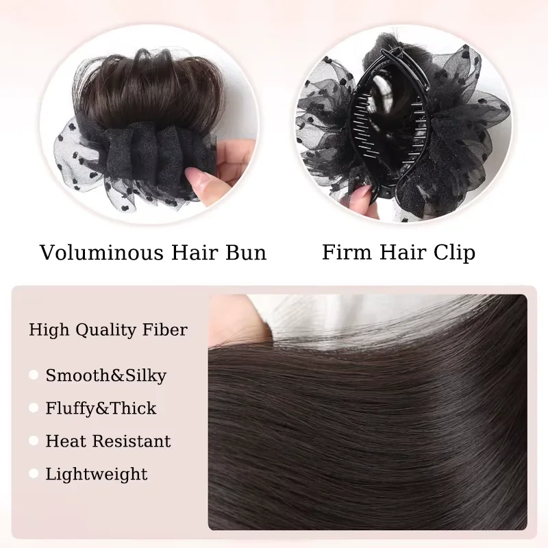 Elegant Synthetic Flower Hair Bun Extensions with Tulle Decoration Balletcore Duckbill Claw Clip Hair Bun for Women Daily Use