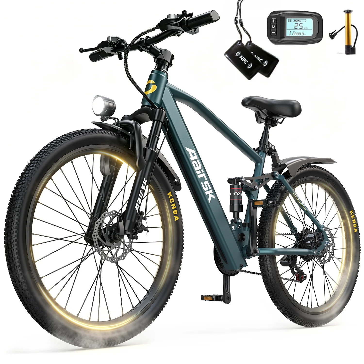 Aairsk GT900 26" Elektrofahrrad, 21 Gänge, City-E-Bike, 36V 13Ah Akku, 250W Motor, Doppelfederung, Scheibenbremsen, NFC, Elektrofahrrad für Erwachsene – Blau