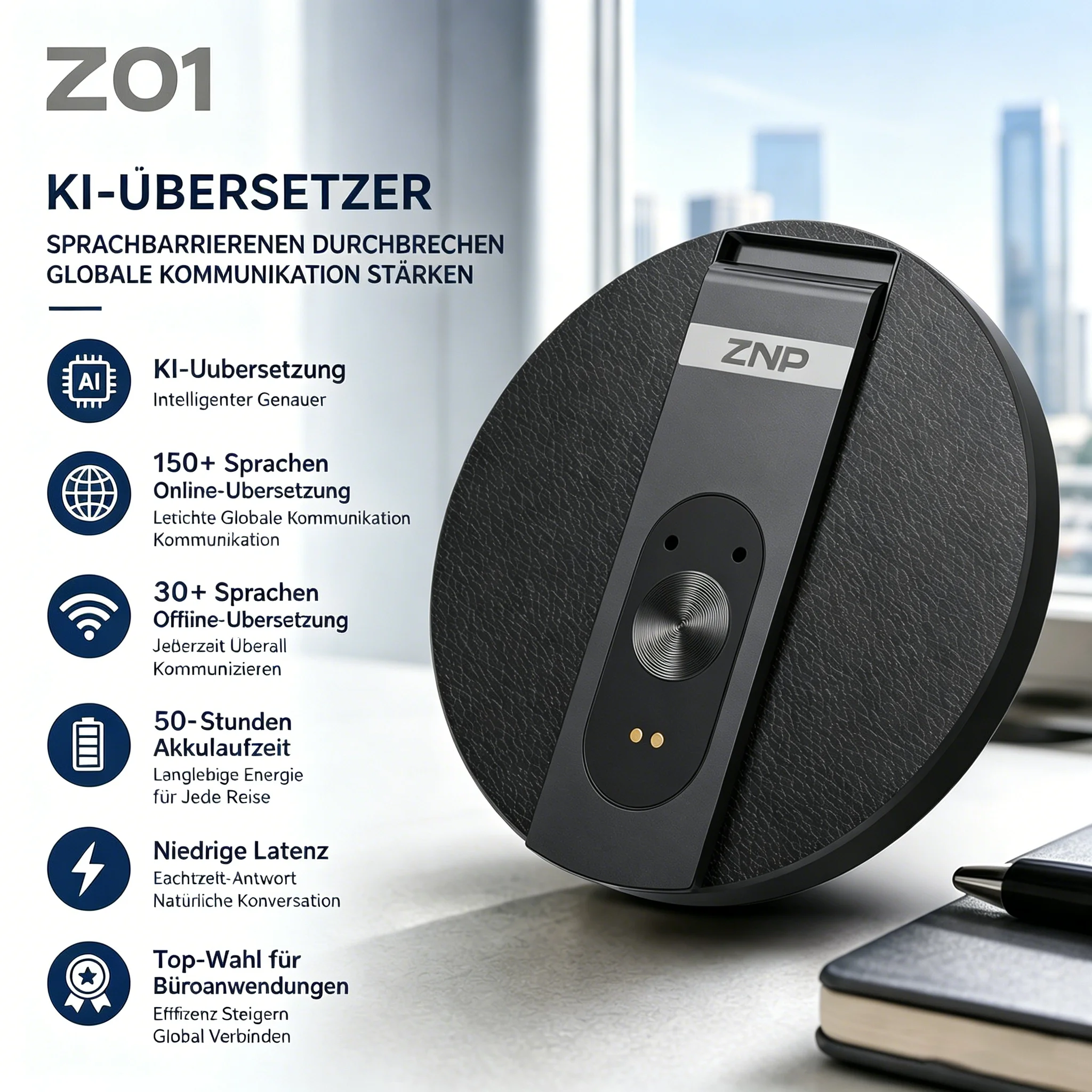 Le traducteur sans fil Z01 AI prend en charge la traduction en temps réel dans plus de 130 langues, offre une traduction hors ligne, fonction aimantée puissante, est extrêmement fin et portable, peut servir de support