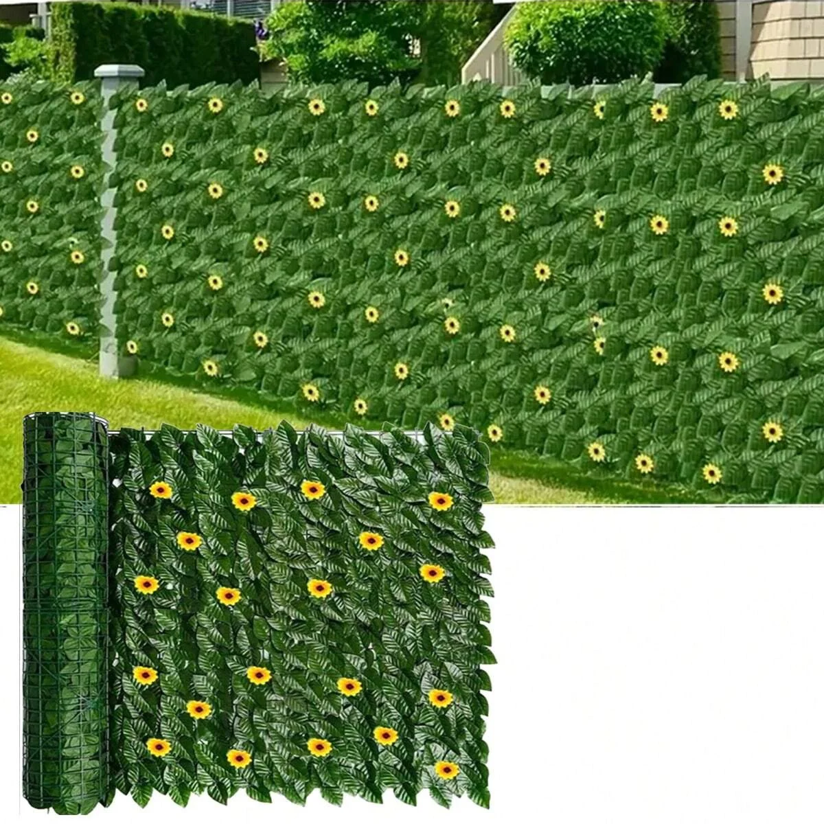Green Artificial Ivy Privacy Fence Screen Outdoor With Sunflowers Artificial Grass Privacy Fence Screen Fake Ivy Wall Panel