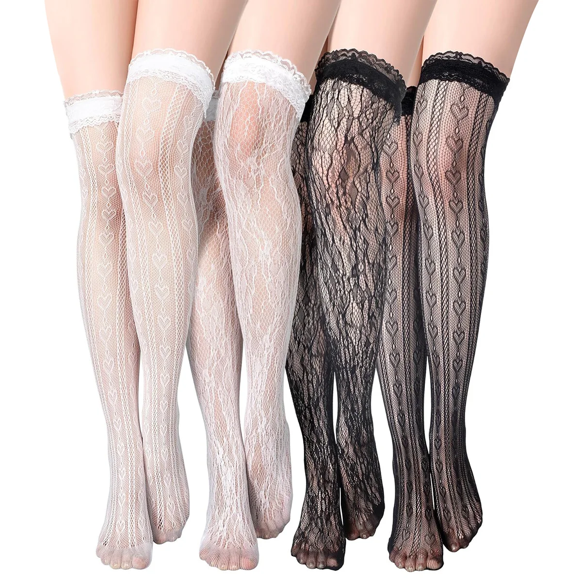 1 Paar Damen-Overknee-Strümpfe mit Herzmuster, Spitze, Rüschenbesatz und Schleife