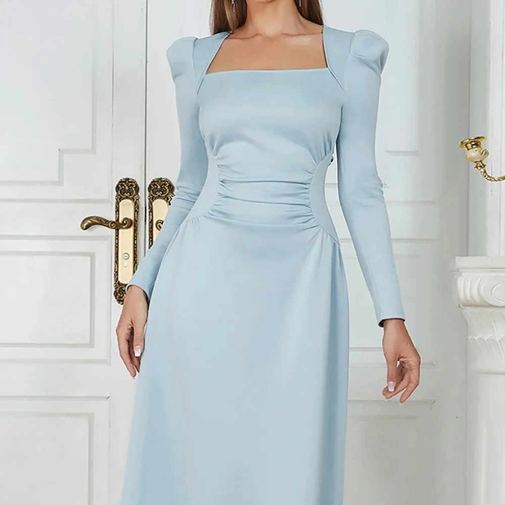 

Classy Long Blue Square Collar Satin Evening Dresses Full Sleeves Tea Length فساتين مناسبات Party Gowns for Women