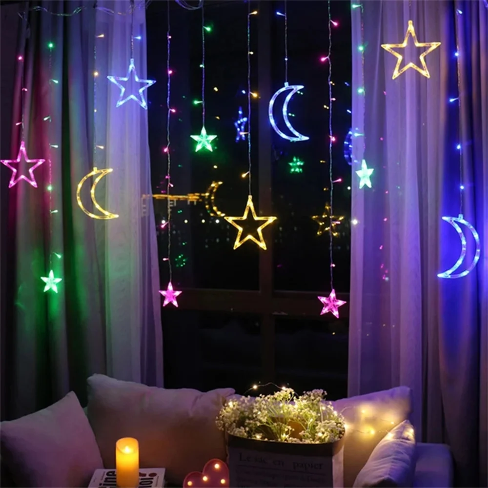 3.5m Star Moon Christmas Lights Wall Windows Lights LED String Lights Decoration Home Indoor Wedding LED Curtain Lights Holiday