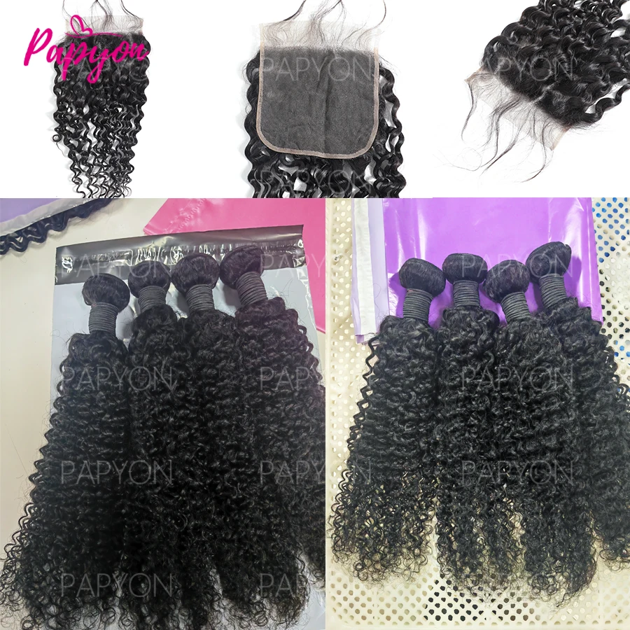 15A Lockige Deep Wave Echthaar-Bündel mit 4x4 Verschluss, Bundle-Angebote, 100% unbehandeltes Echthaar, burmesische Locken-Haarbündel und Verschluss PAPYON – Detail 6