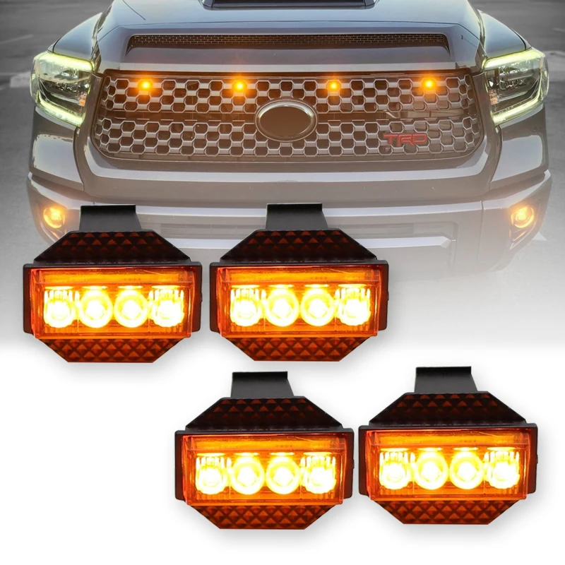 

4Pcs For Toyota Tundra 2018 2019 2020 2021 Car LED Front Grille Strobe Light Daytime Running Lamp DRL Grid Warning Lamp Amber