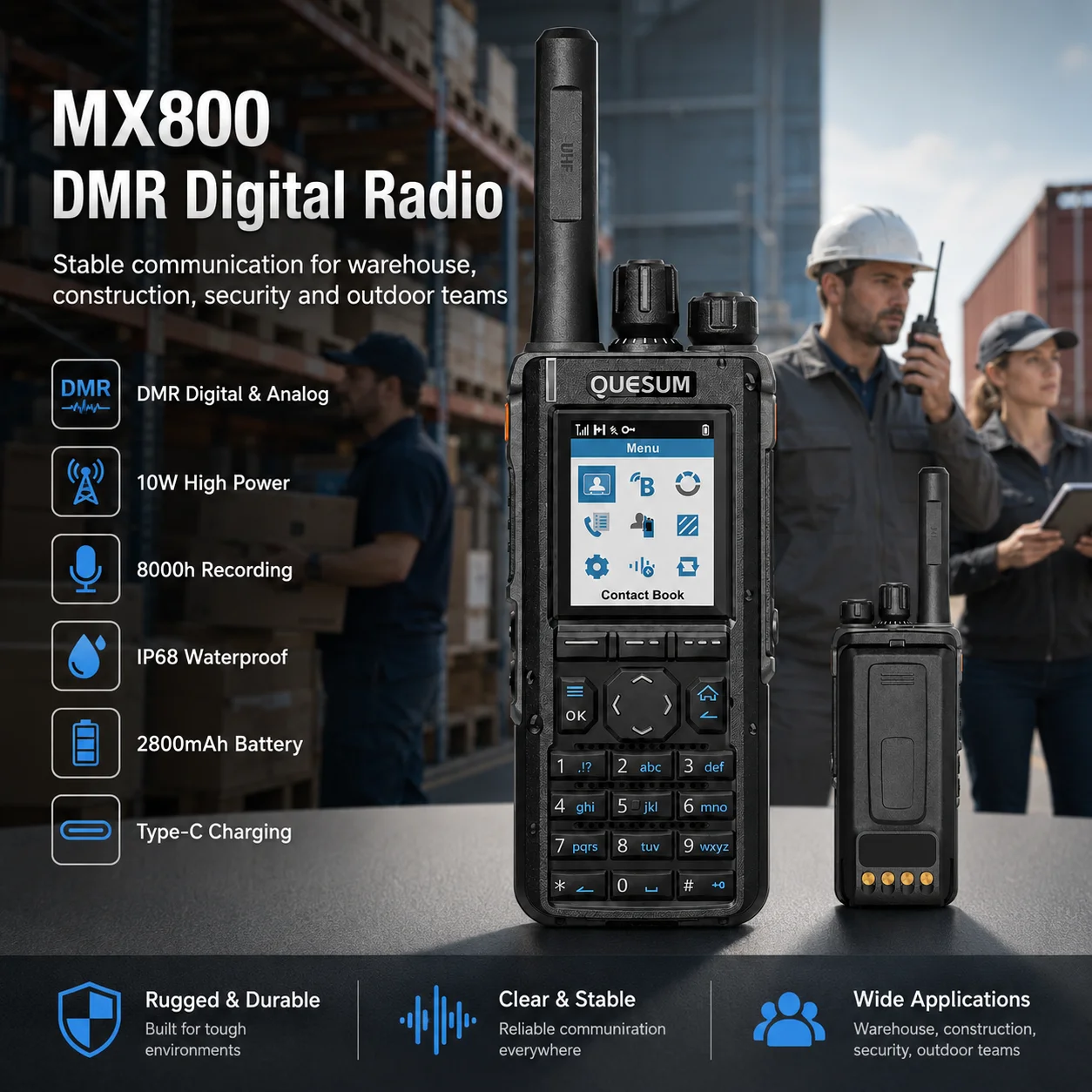 

QUESUM MX800 DMR Digital Radio UHF 400-470MHz 10W IP68 Walkie Talkie with 2800mAh Battery Type-C