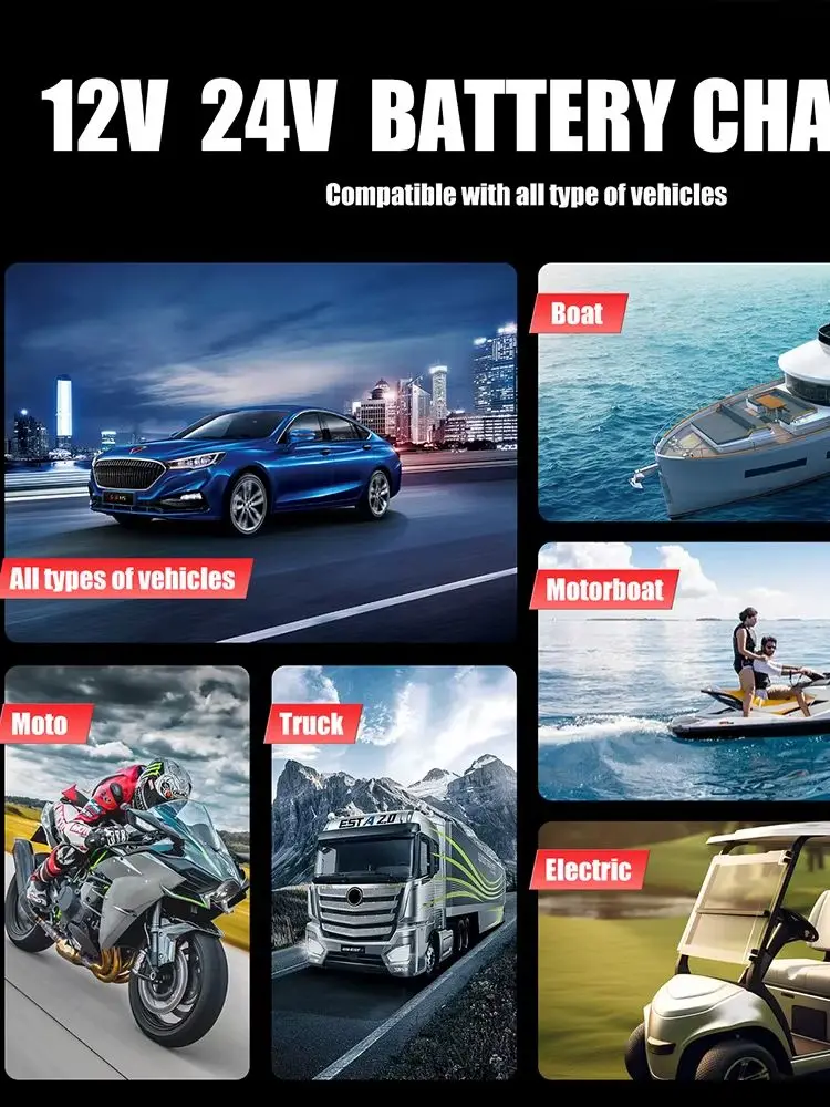 25A/15A Auto- und Motorrad-Batterieladegerät 12V/24V Intelligentes Ladegerät für Lithium AGM GEL Blei-Säure LiFePO4 Batterien