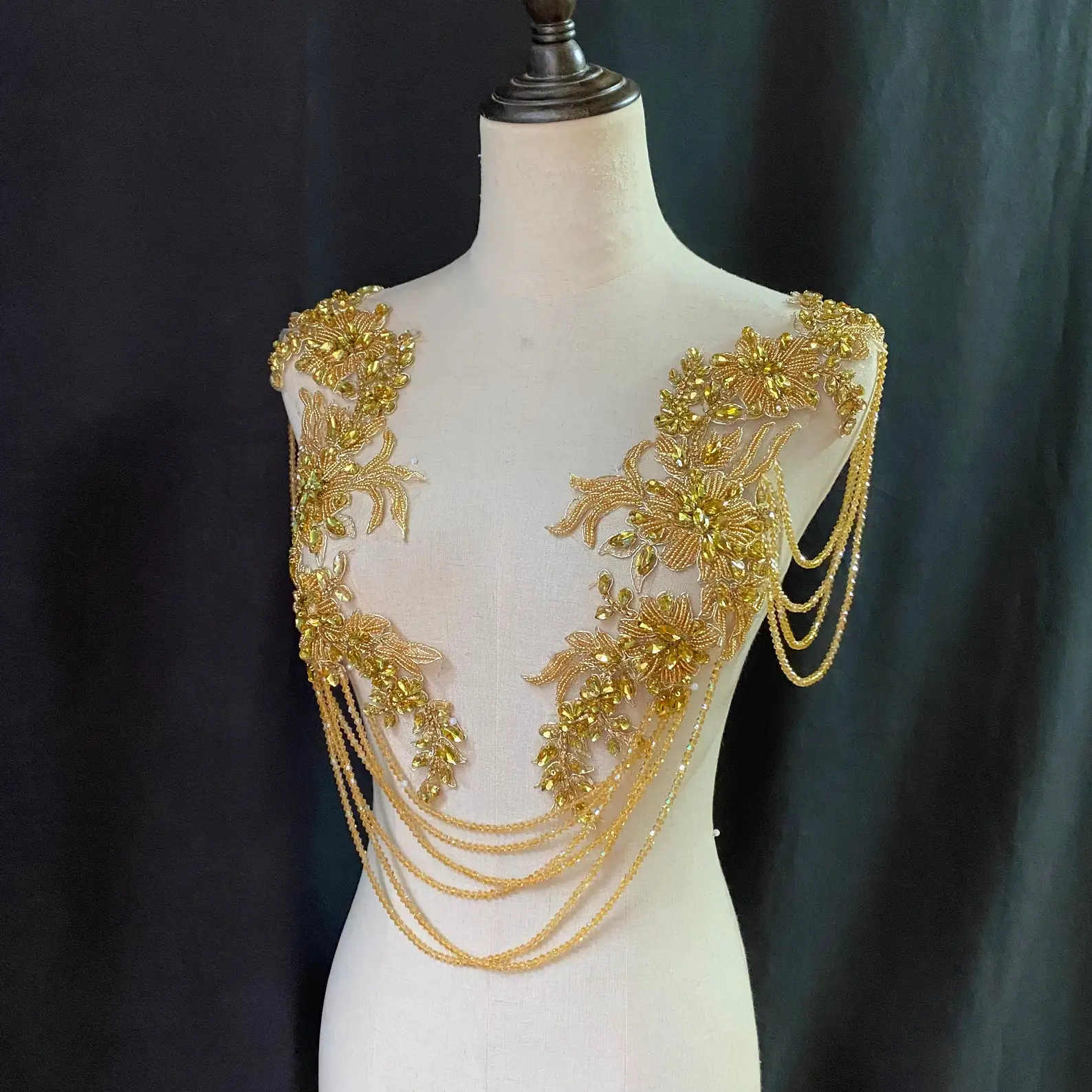 

Gold Rhinestone Applique With Fringe and Chains For Dress Body Jewelry with Fringe Crystal Embellishment for Couture