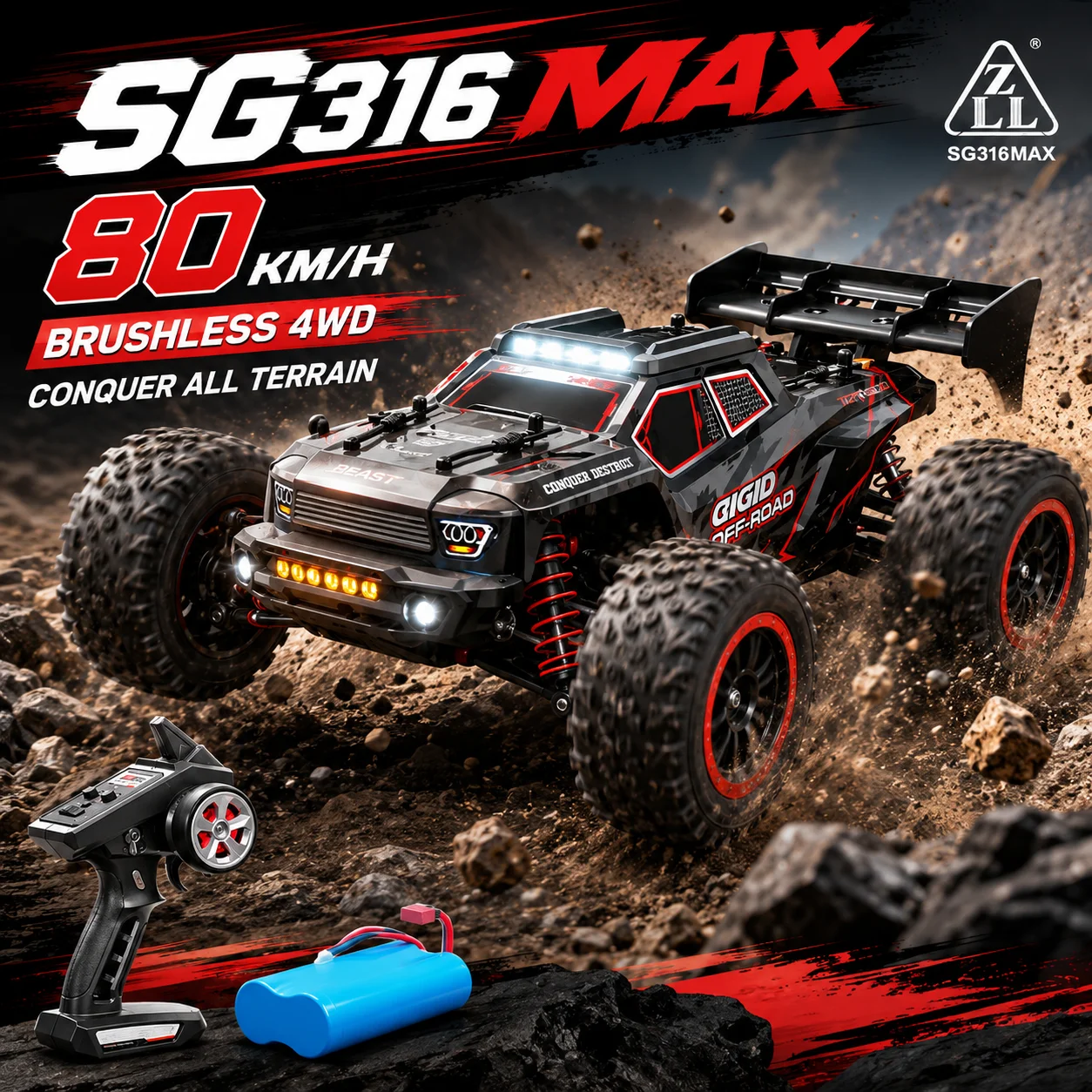 4WD Offroad Hochgeschwindigkeits-RC-Auto mit 80 km/h, Bürstenlosem Motor, 2,4G Fernsteuerung, Verschleißfesten Reifen und Head-Up-Rad