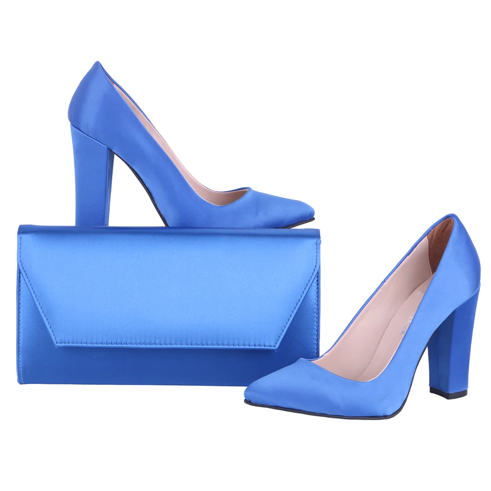 Sax Blue Satin Heels for Women Shoes and Bags to Match Set Thick Heels for Women 2023 Satin Bag for Handbags Big Size 34-45