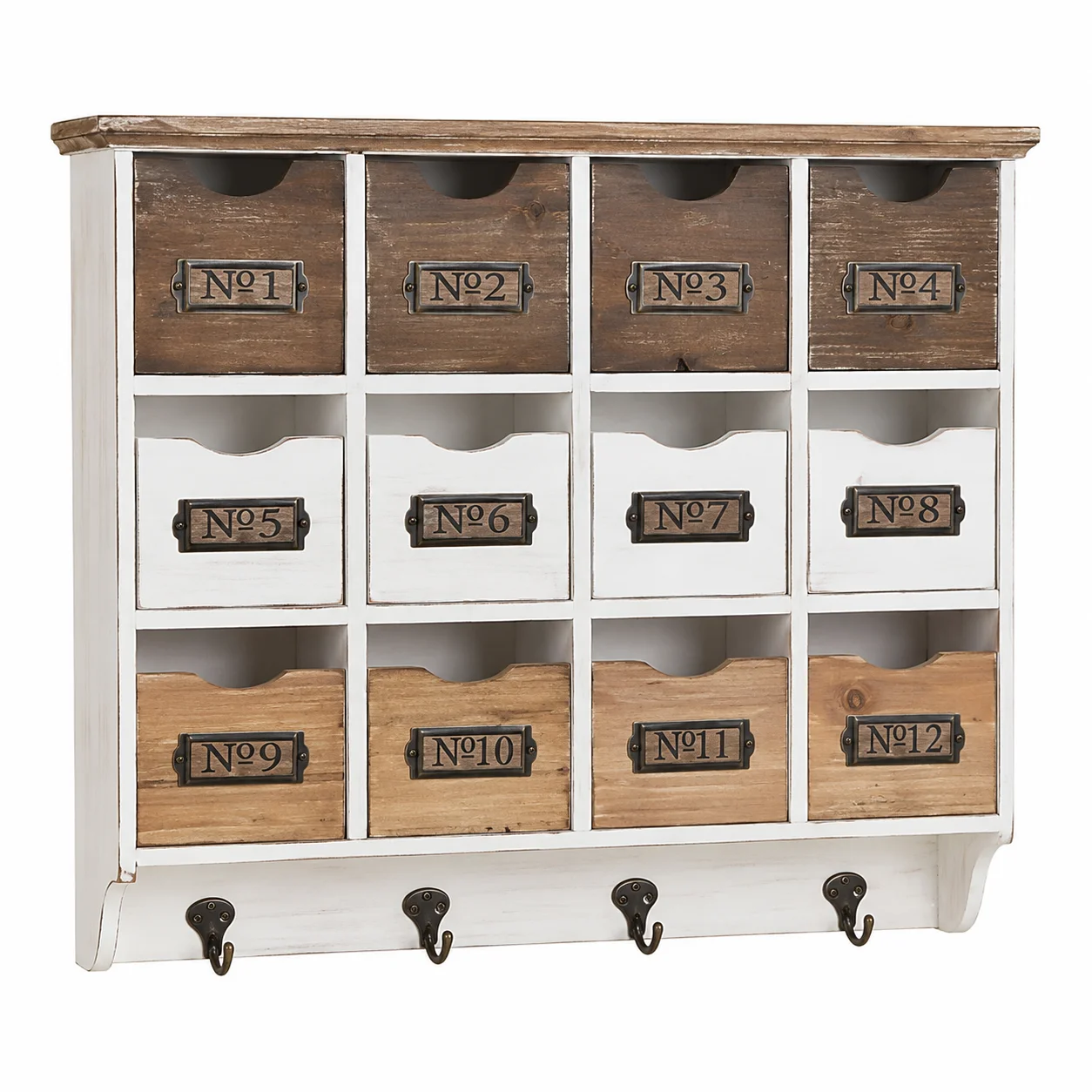 Vintage Wall-Mounted Storage Cabinet, 12 Numbered Drawers with 4 Hooks, Rustic Solid Wood Organizer, White & Natural