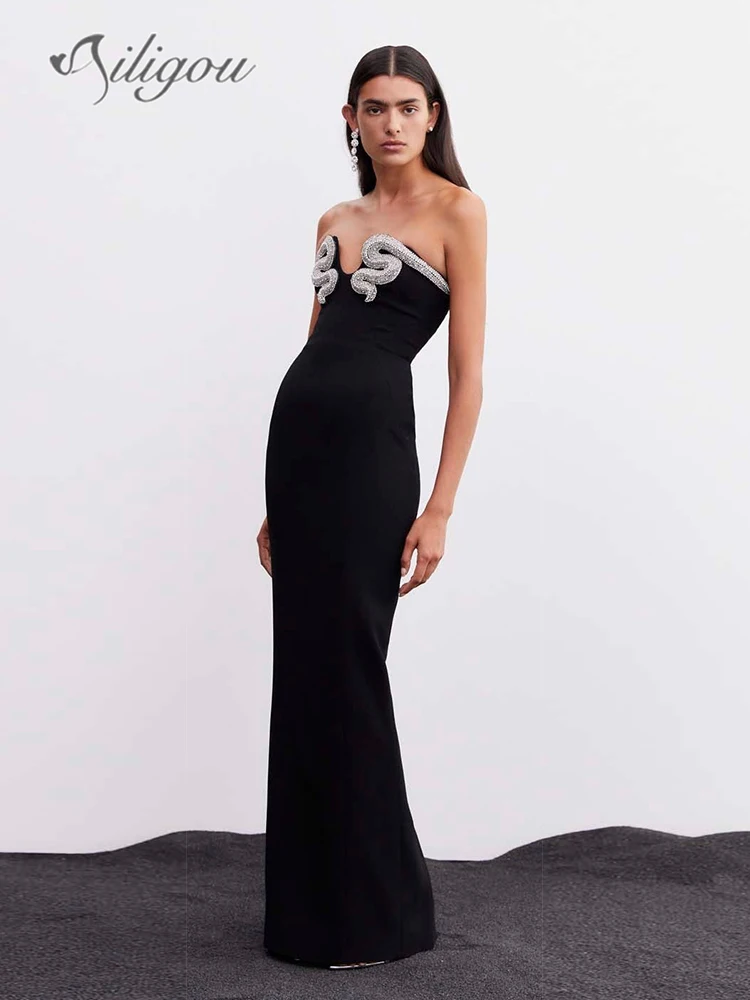 Ailigou 2024 Women's Black Sexy Strapless Luxury Diamond Crystal Snake Tight Long Bandage Dress Elegant Celebrity Party Dress