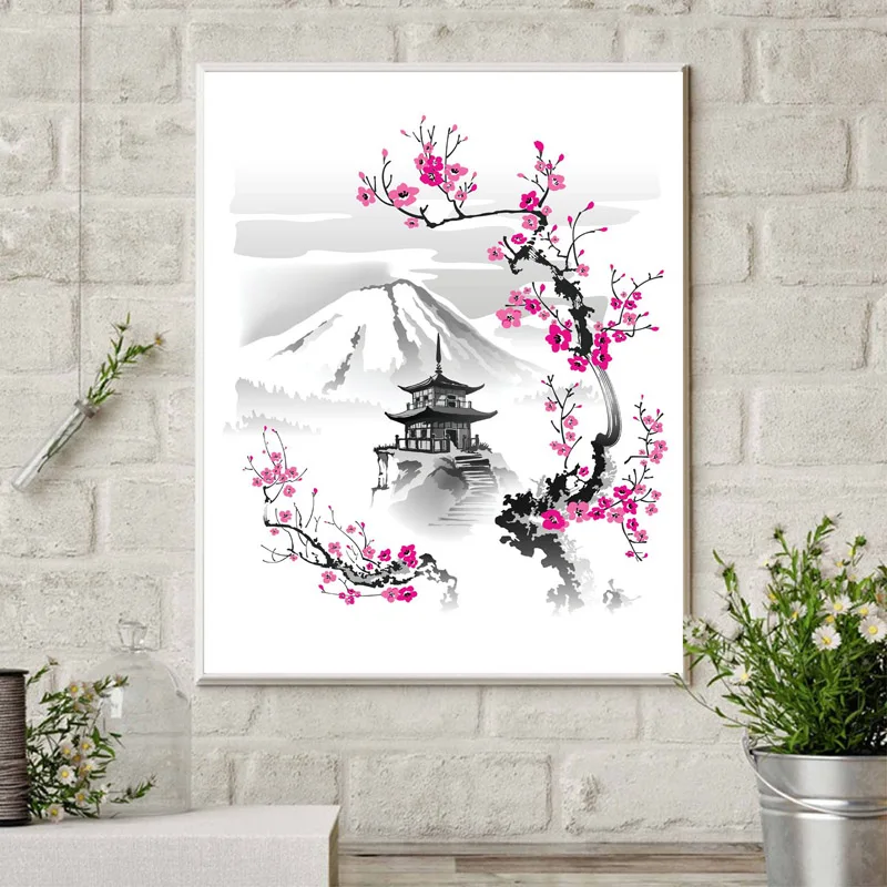 Landscape Poster Canvas Painting Abstract Japanese Pagoda Mountain Wall Art Prints Nordic Maple Leaf Pictures Bedroom No Frame