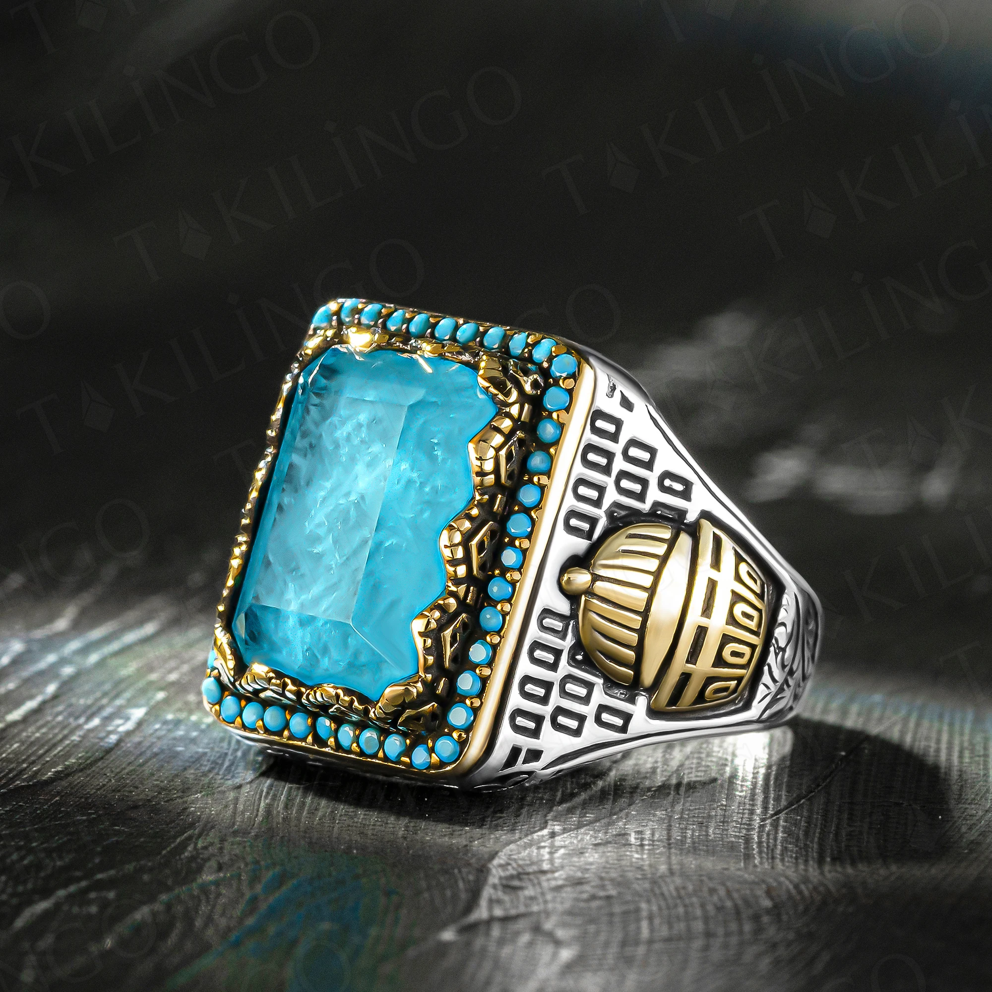 Mosque Motif Paraiba Stone Real 925 Sterling Customized Silver Ring For Men Luxury Jewelry Souvenir Turkish islamic Gift Him