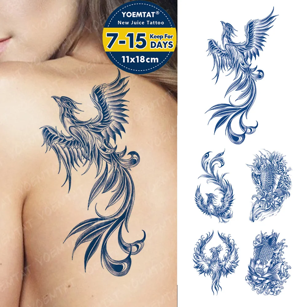 

Semi-Permanent Chinese Phoenix Carp Waterproof Temporary Tattoo Stickers Juice Ink Lasting Herbal Fake Back Tattoos Women Men