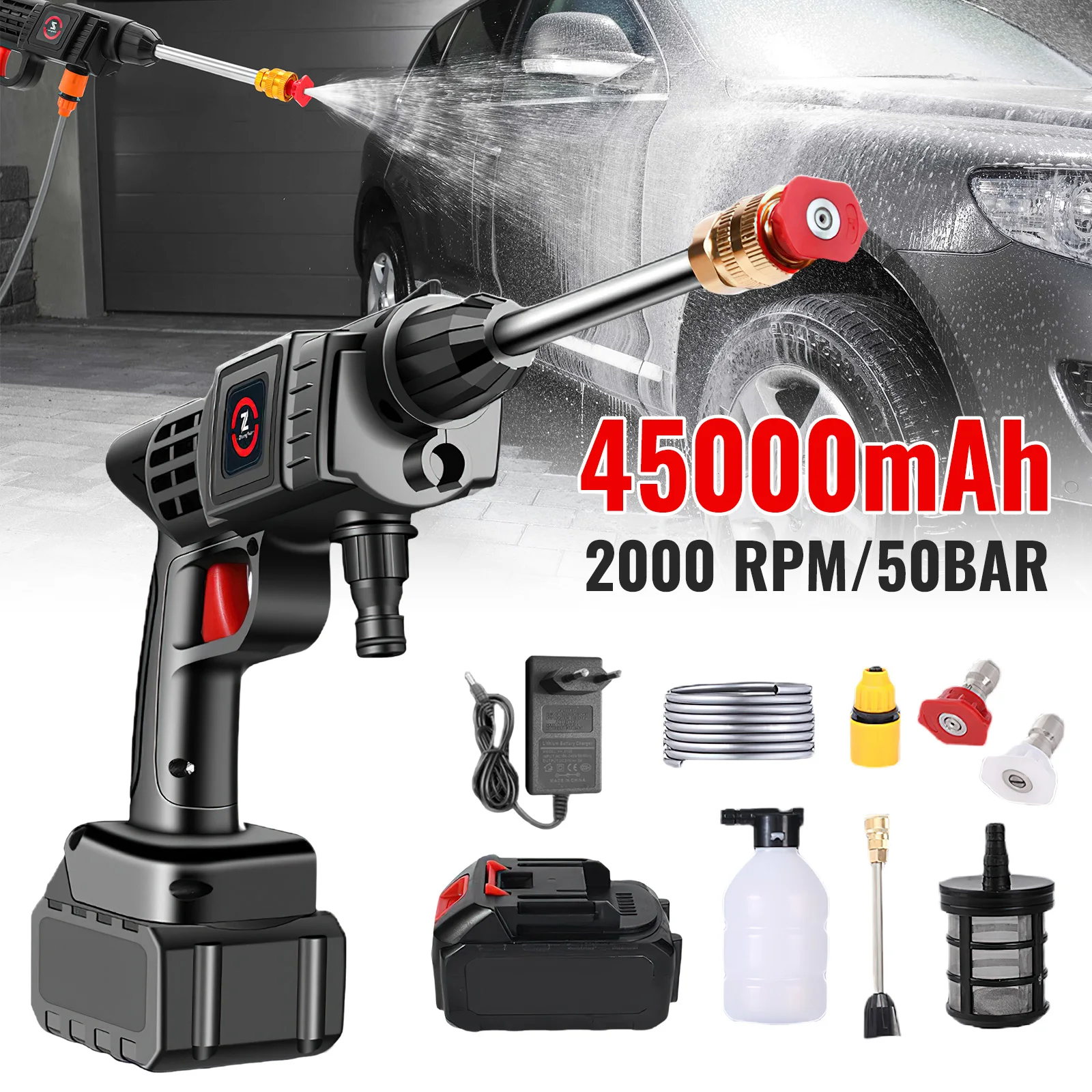 50Bar 200W Wireless High Pressure Car Wash Washer Gun 21 V 20000mAh Battery Foam Generator Water Gun Cleaner Car Washing Machine