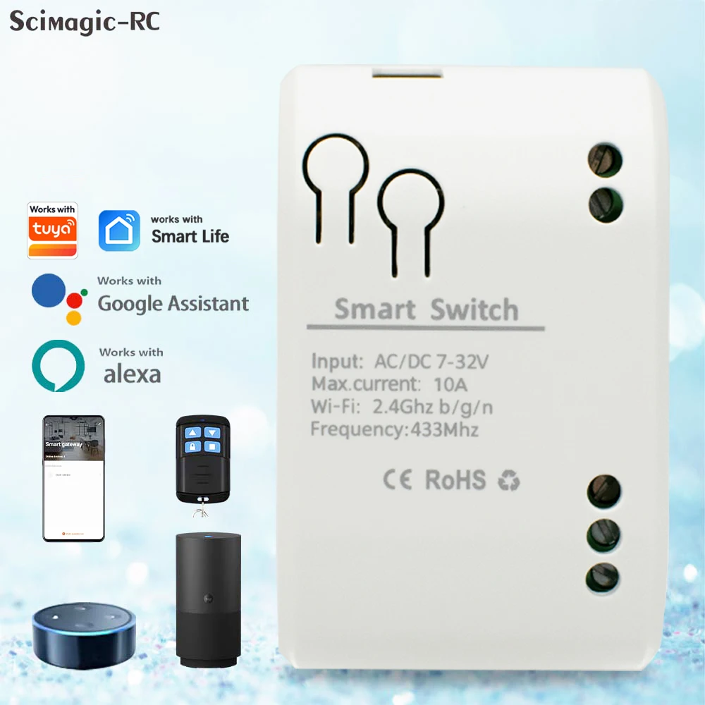 Receptor de Interruptor Wifi, Controlador 7-32V 85-250V RF433, Compatible con la Aplicación Tuya, Alexa, Google Home, Hogar Inteligente, Módulo de Automatización Inteligente