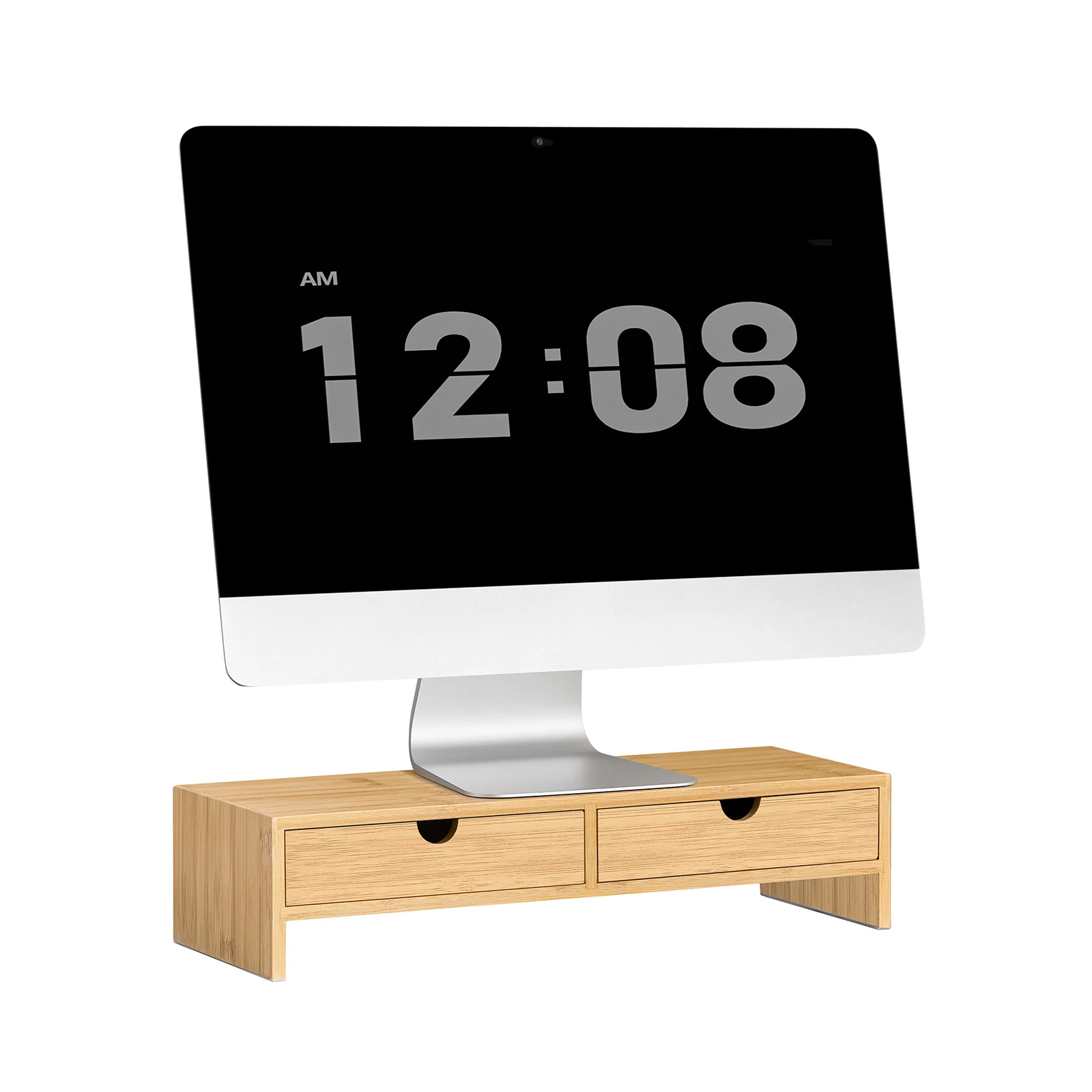 SoBuy FRG198-N soporte de pantalla de monitor pantalla de refuerzo de monitor soporte de bambú superior con 2 cajones