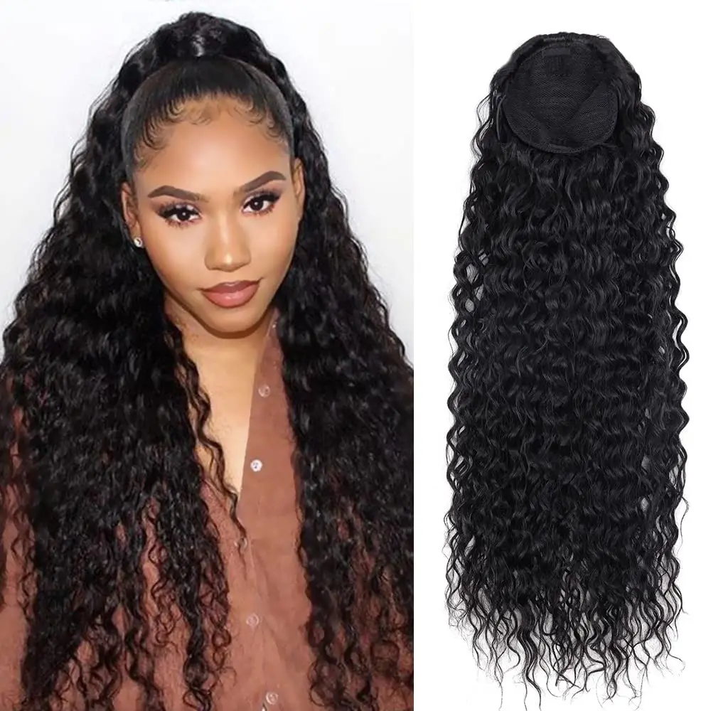 Brazilian Human Hair Ponytail Extensions With Magic Paste Curly Deep Wave Natural Color Remy Human Hair Extensions 12-26 Inch